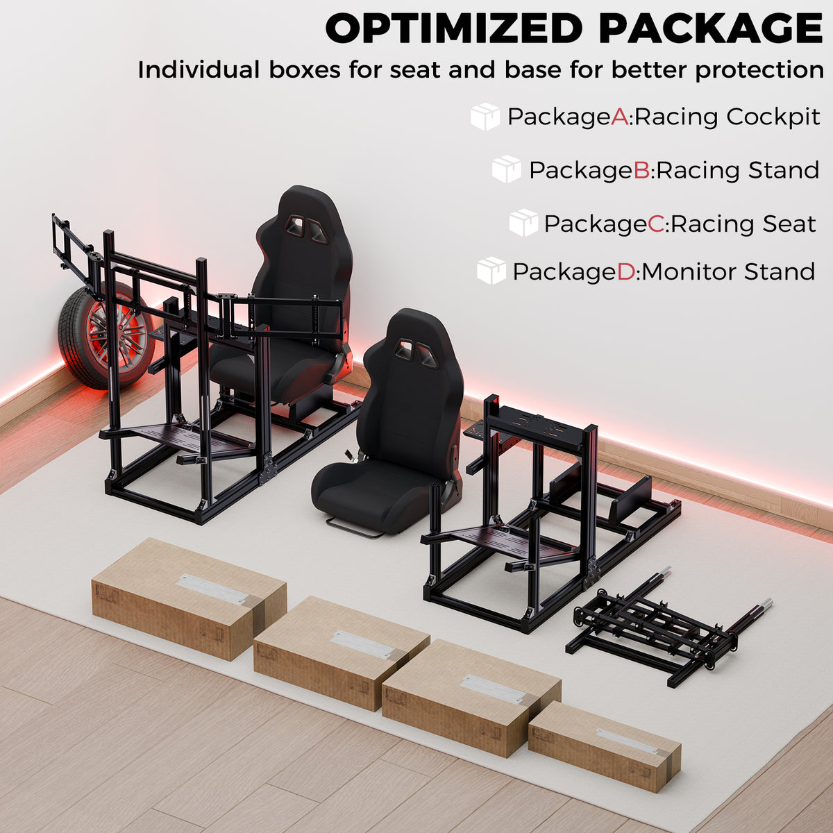 Minnee 4080 Aluminum Racing Simulator Cockpit with Black Seat and Triple Monitor stand, Fully Adjustability, Fit for Logitech, Thrustmaster, Fanatec G29 G920 T300, Not Include Steering Wheel,Pedals,Handbrake,Monitor