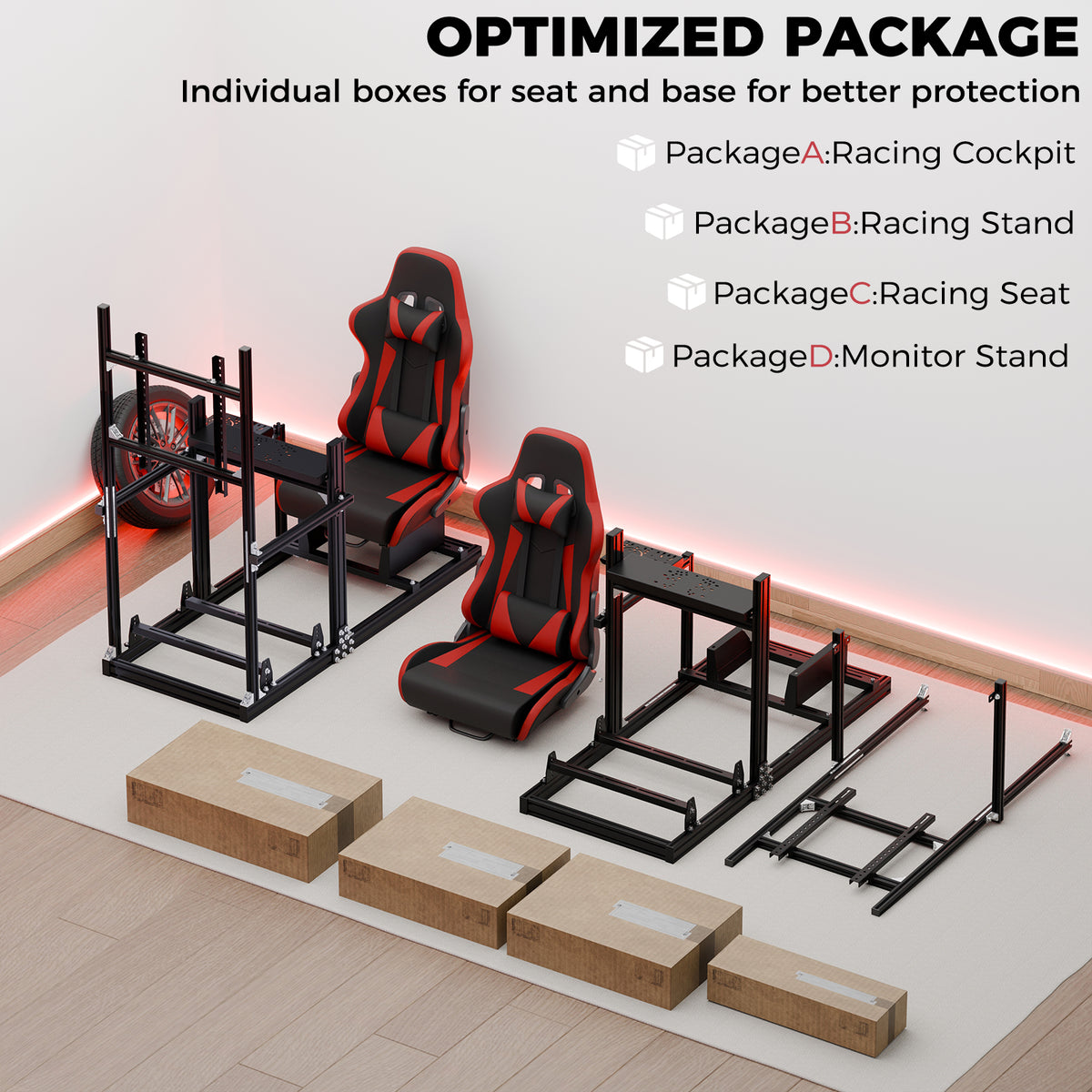 Minneer 3060 Racing Simulator Cockpit with Red Seat & TV Stand ,Ultra Strength & Rigidity, Fit for Logitech G29 G923, Sim frame 3060, Not Include Steering Wheel,Pedals,Handbrake