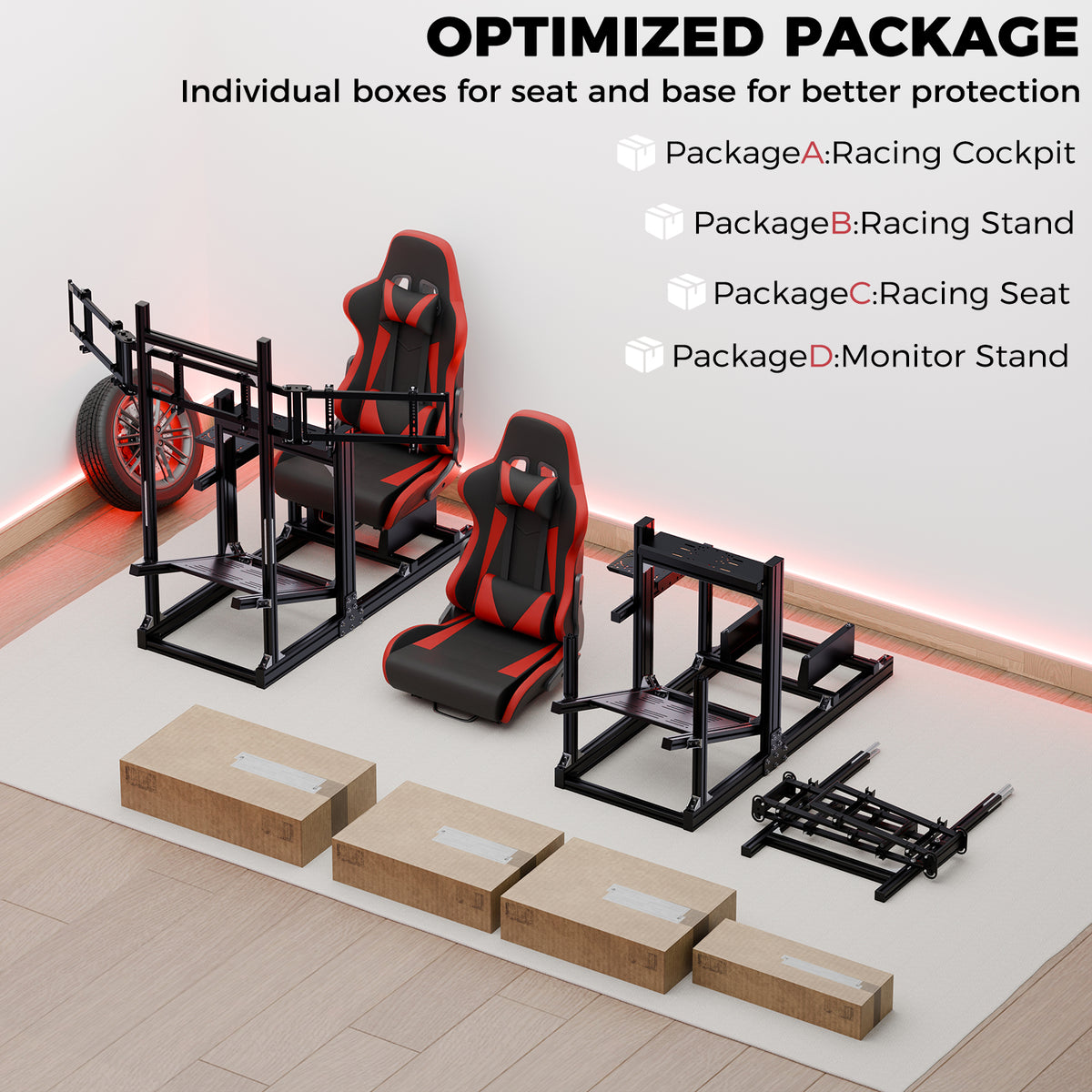 Minneer 4080 Aluminium Profile Racing Sim Cockpit with Red Seat and Triple Monitor Stand, Fully Adjustability, Fit for Logitech,Thrustmaster, Fanatec G29 G923 T248,  Not Include Steering Wheel,Pedals,Handbrake
