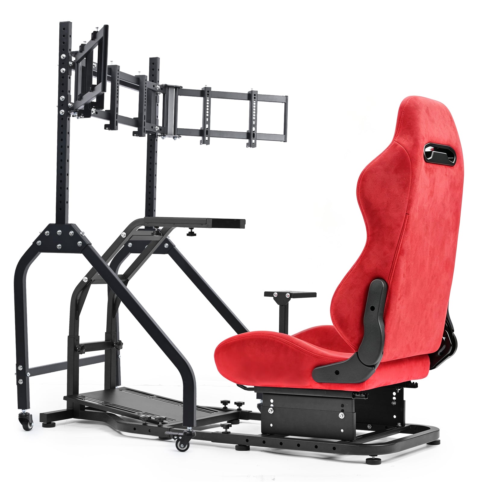 Minneer Steering Wheel Stand Racing Cockpit with Red Suede Seat Triple Monitor stand ,Unobstructed Design for Both Legs,Fit for Logitech/Thrustmaster G29,G920,G923,G25&T300RS,T80,T150 Adjustable, No Steering Wheel, Handbra