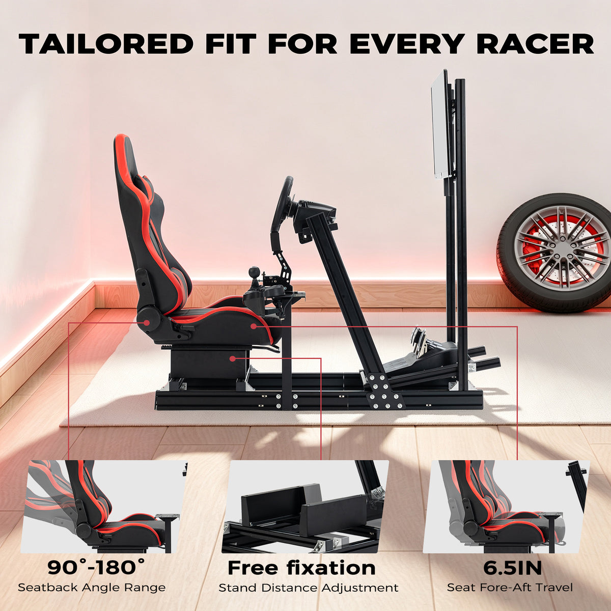 Minneer 4080 Aluminum Profile Racing Simulator Cockpit with Red Seat and Monitor Stand, Fully Adjustability, Fit for Logitech, Thrustmaster, Fanatec G29 G920 T248, Not Include Steering Wheel,Pedals,Handbrake,Monitor
