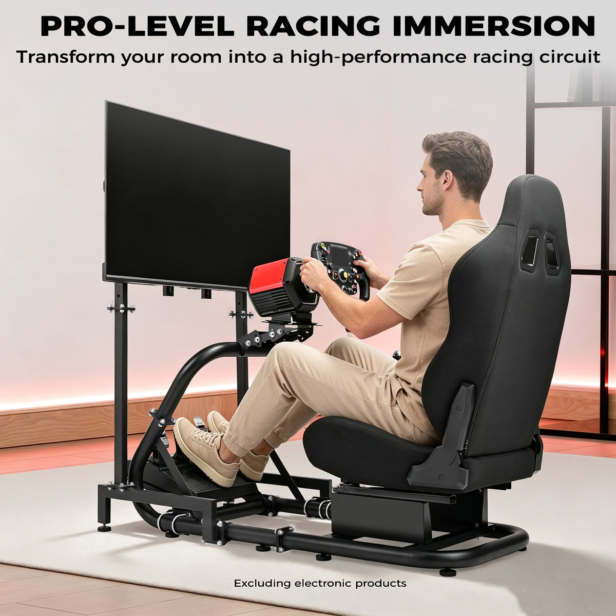 Minneer Immersive Racing Simulator Cockpit with Black Seat and TV Stand, Upgrade&Adjustable, Fit for Logitech/Fanatec/Thrustmaster G29 T248 T300, Steering Wheel Stand Not Included Wheel,Pedal & Handbrake