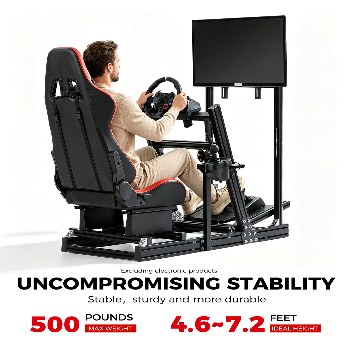 Minneer 4080 Aluminum Profile Racing Simulator Cockpit with Red Seat and Monitor Stand, Fully Adjustability, Fit for Logitech, Thrustmaster, Fanatec G29 G920 T248, Not Include Steering Wheel,Pedals,Handbrake,Monitor