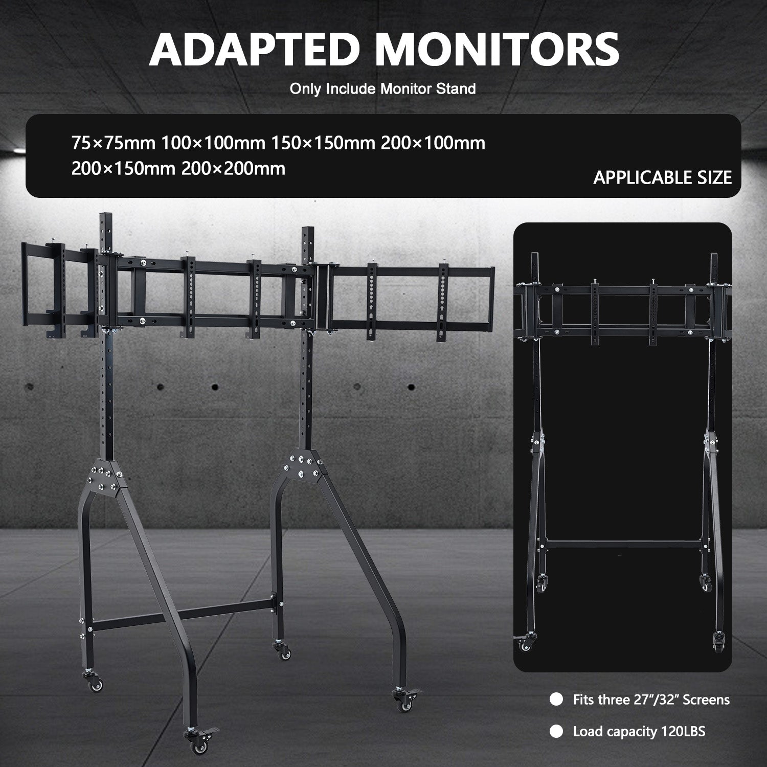 Minneer  Triple Monitor Stand with Brake Casters , Ergonomic Height/Tilt/Spacing Adjustment for 27 to 32 inch Monitors , Gaming Workstation Setup
