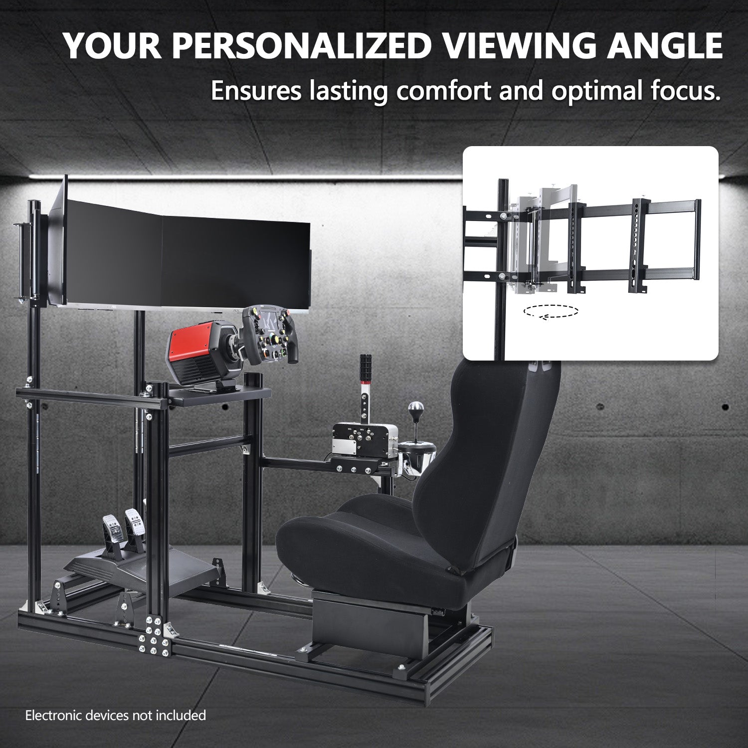 Minneer 3060 Aluminum Profiles Racing Simulator Cockpit with Black Seat and Triple Monitor Stand , Fully Adjustable, Fit for Logitech G29 G923, Steering Wheel, Pedals, and Hand Brake Not Included