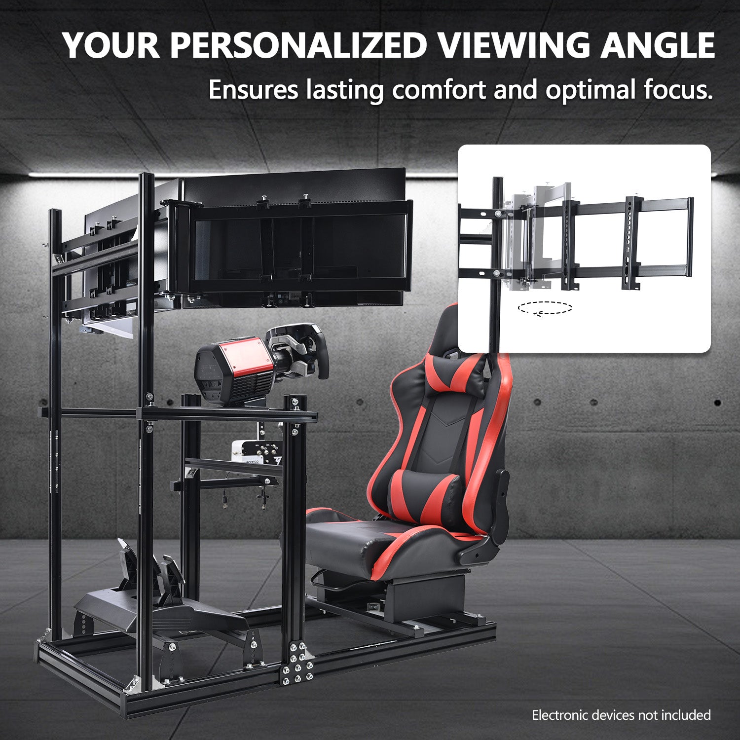 Minneer 3060 Aluminum Profiles Racing Simulator Cockpit with Red Seat and Triple Monitor Stand , Fully Adjustable, Fit for Logitech G29 G923, Steering Wheel, Pedals, and Hand Brake Not Included