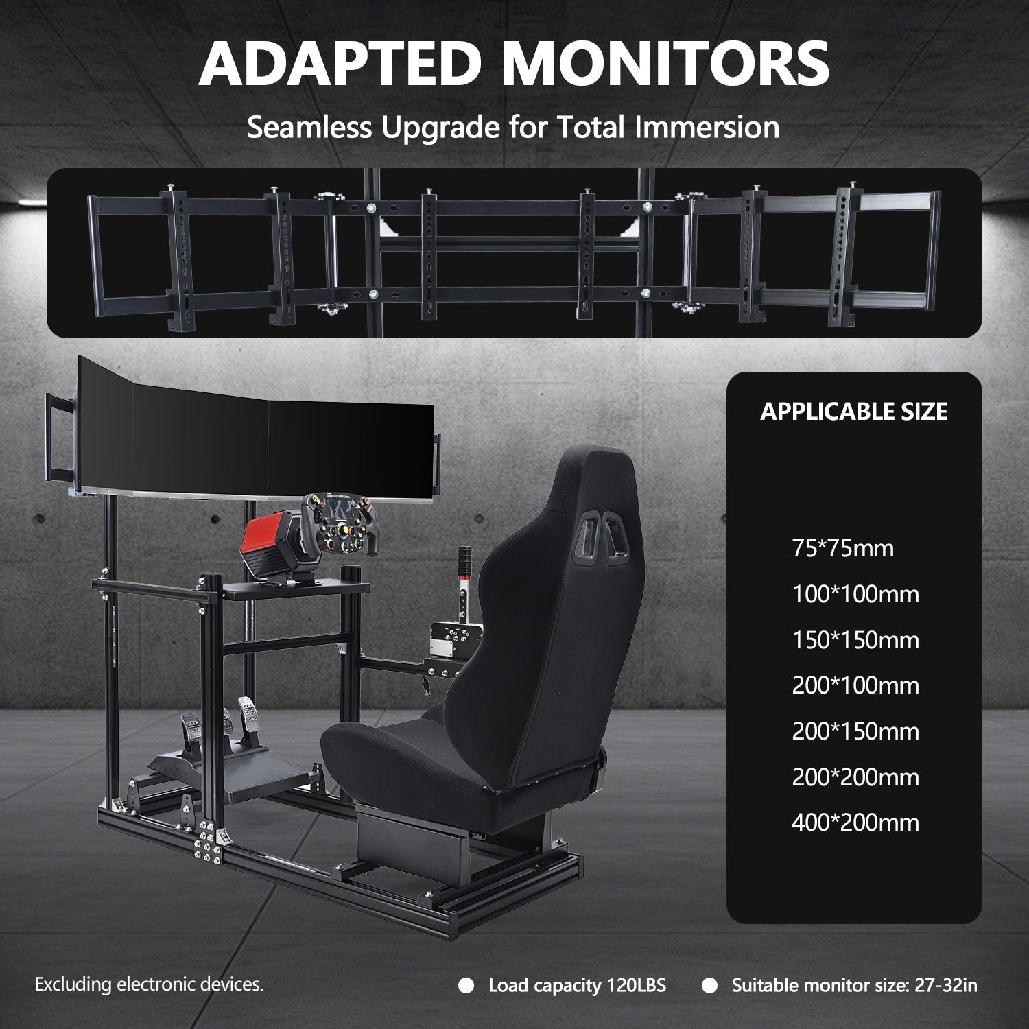 Minneer 3060 Aluminum Profiles Racing Simulator Cockpit with Black Seat and Triple Monitor Stand , Fully Adjustable, Fit for Logitech G29 G923, Steering Wheel, Pedals, and Hand Brake Not Included