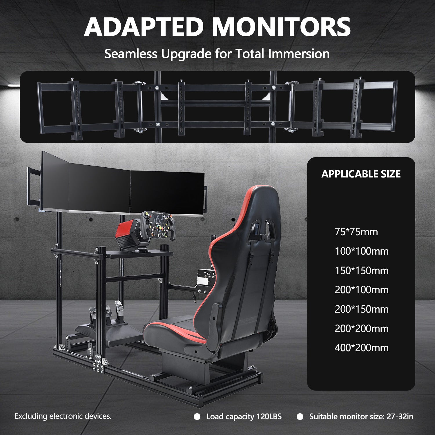 Minneer 3060 Aluminum Profiles Racing Simulator Cockpit with Red Seat and Triple Monitor Stand , Fully Adjustable, Fit for Logitech G29 G923, Steering Wheel, Pedals, and Hand Brake Not Included