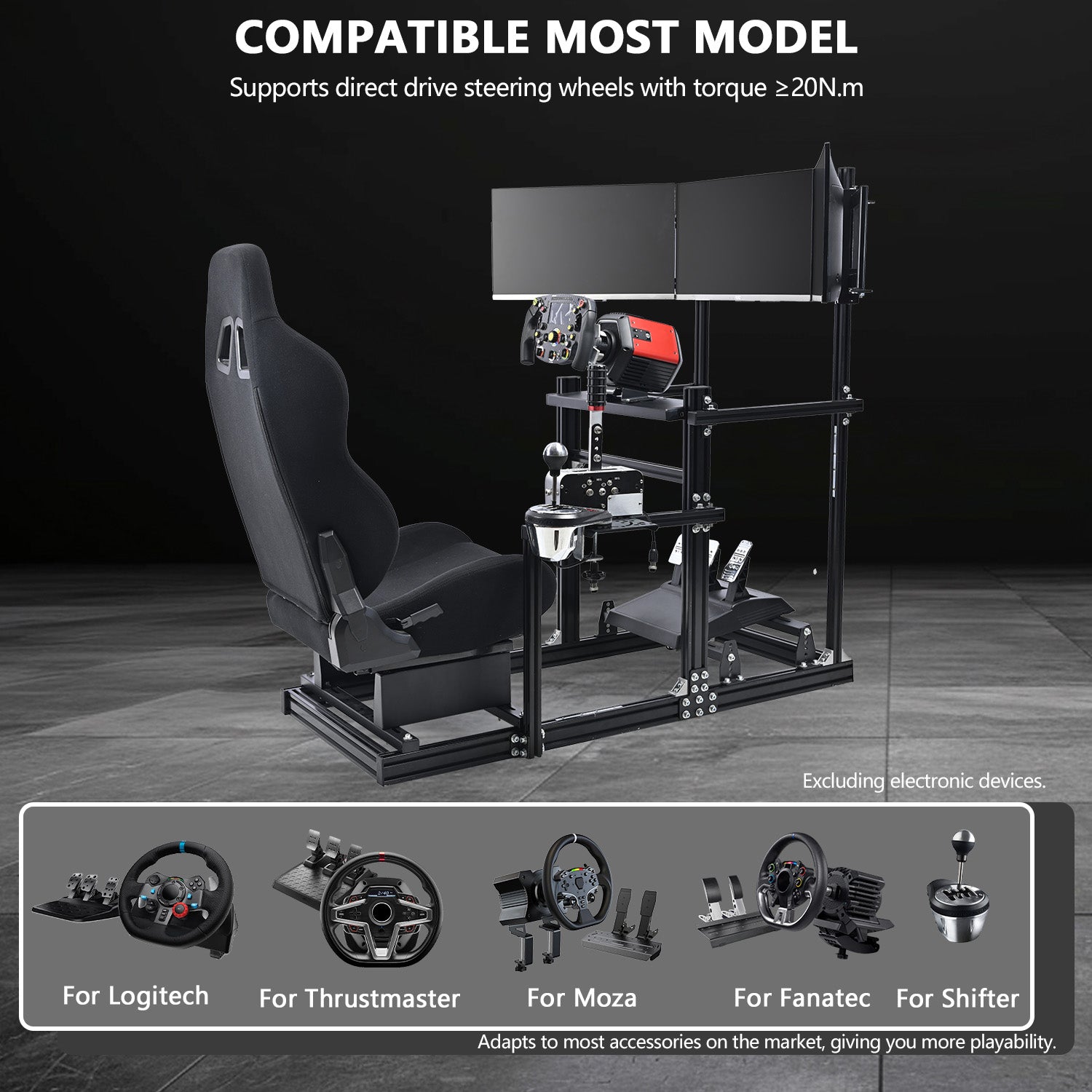 Minneer 3060 Aluminum Profiles Racing Simulator Cockpit with Black Seat and Triple Monitor Stand , Fully Adjustable, Fit for Logitech G29 G923, Steering Wheel, Pedals, and Hand Brake Not Included