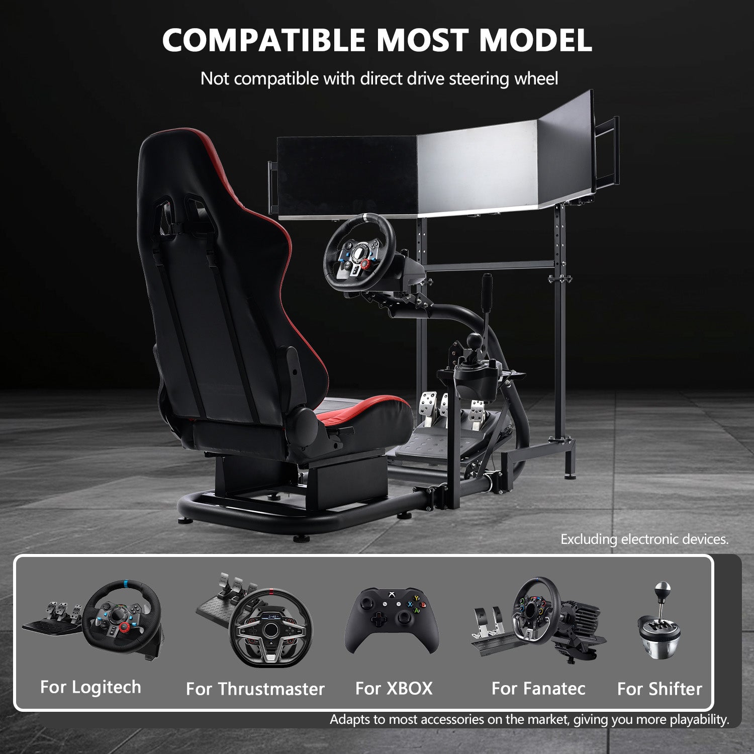 Minneer Racing Sim Cockpit with Red Seat and Triple Monitor Stand, Wide Compatibility, Fit for Logitech G29 G923, for Thrustmaster T248,  Not Include Steering Wheel,Pedals,Handbrake