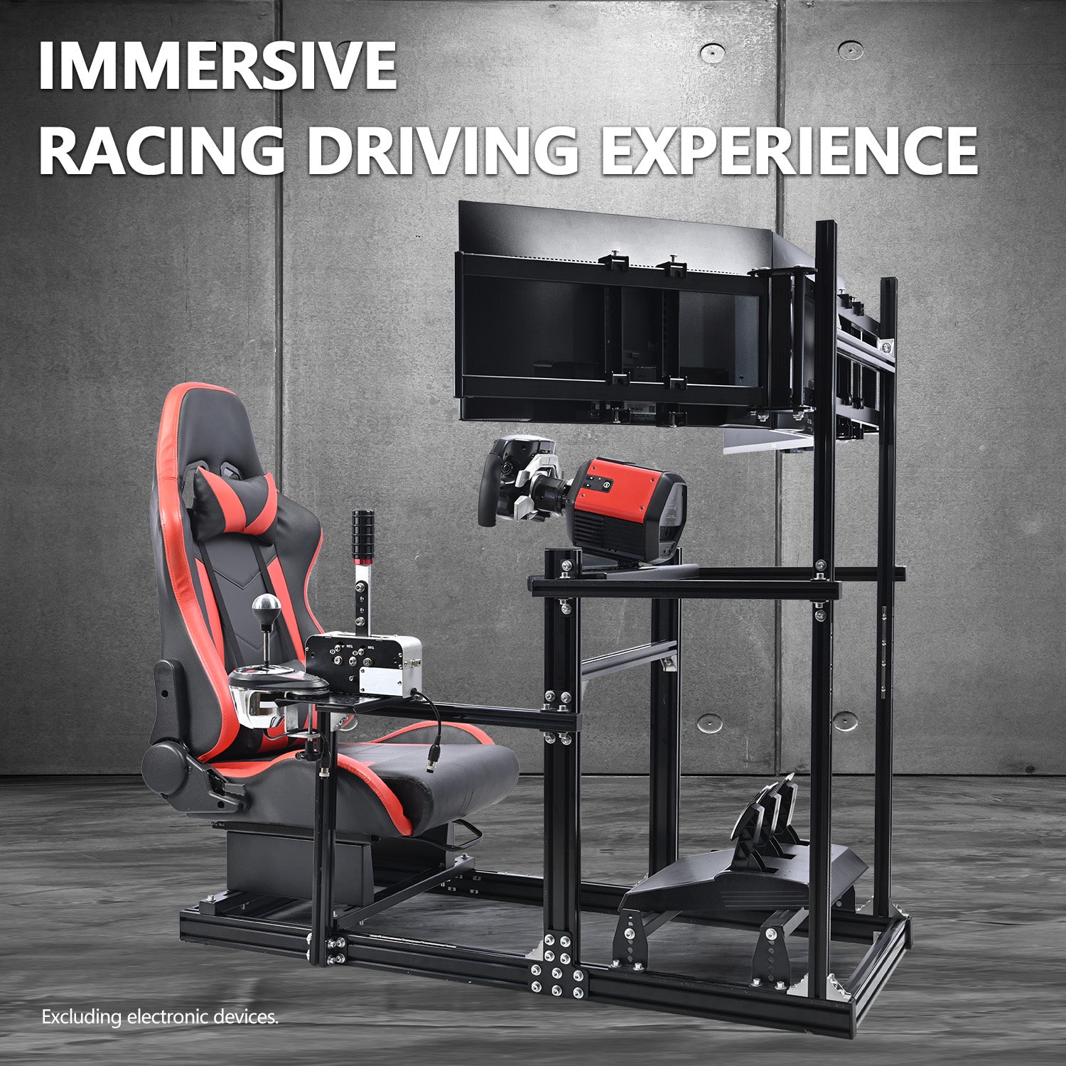 Minneer 3060 Aluminum Profiles Racing Simulator Cockpit with Red Seat and Triple Monitor Stand , Fully Adjustable, Fit for Logitech G29 G923, Steering Wheel, Pedals, and Hand Brake Not Included