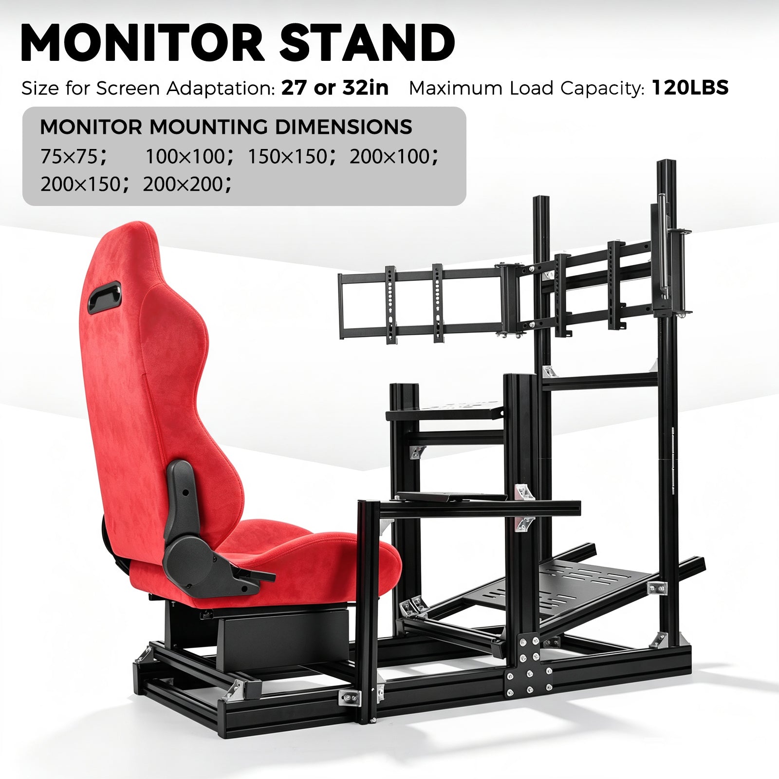 Minneer 4080 Aluminium Profile Racing Sim Cockpit with Red Suede Seat and Triple Monitor Stand, Fully Adjustability, Fit for Logitech,Thrustmaster, Fanatec G29 G923 T248,  Not Include Steering Wheel,Pedals,Handbrake