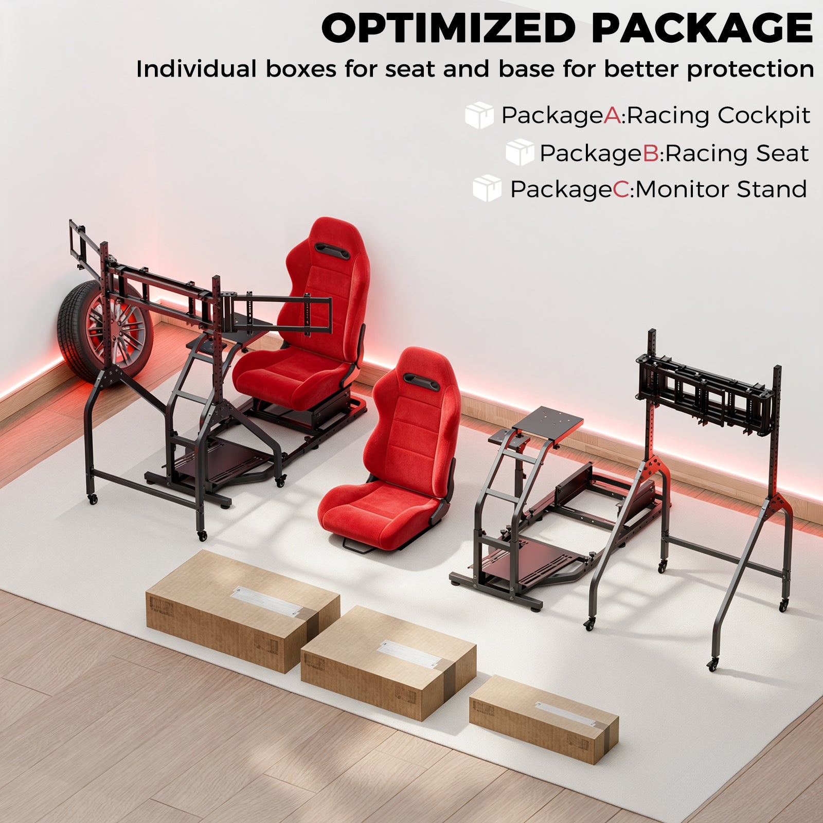 Minneer Steering Wheel Stand Racing Cockpit with Red Suede Seat Triple Monitor stand ,Unobstructed Design for Both Legs,Fit for Logitech/Thrustmaster G29,G920,G923,G25&T300RS,T80,T150 Adjustable, No Steering Wheel, Handbra