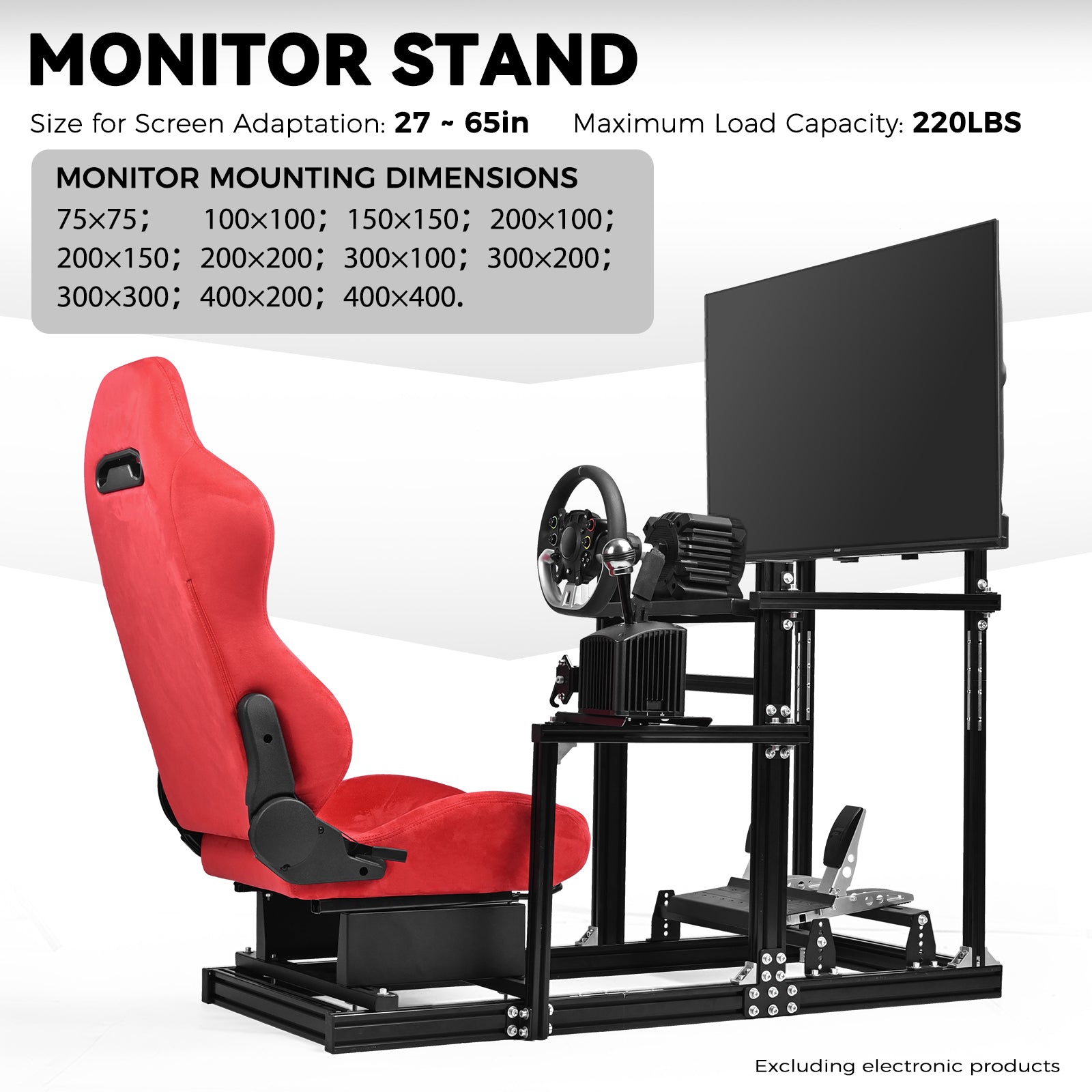 Minneer 3060&3030 Aluminium Racing Simulator Cockpit with Red Suede Seat, Fit for Fanatec, for Logitech, for Thrustmaster, Racing Stand with TV Stand, Not Include Steering Wheel, Pedals, Handbrake