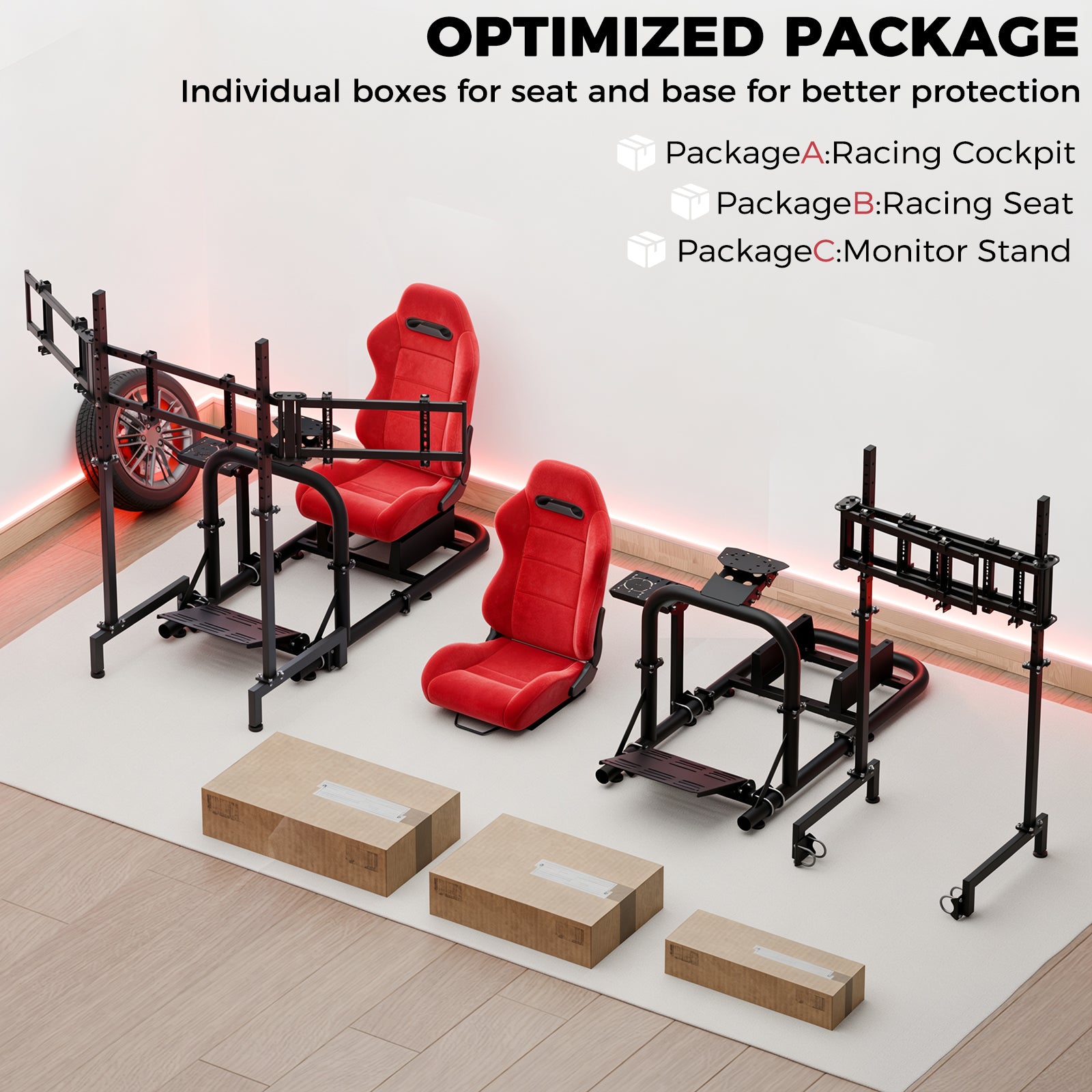 Minneer Racing Sim Cockpit with Triple Monitor Stand and Red Suede Seat, Wide Compatibility, Fit for Logitech,Thrustmaster, Fanatec G29 G923 T248,  Not Include Steering Wheel,Pedals,Handbrake