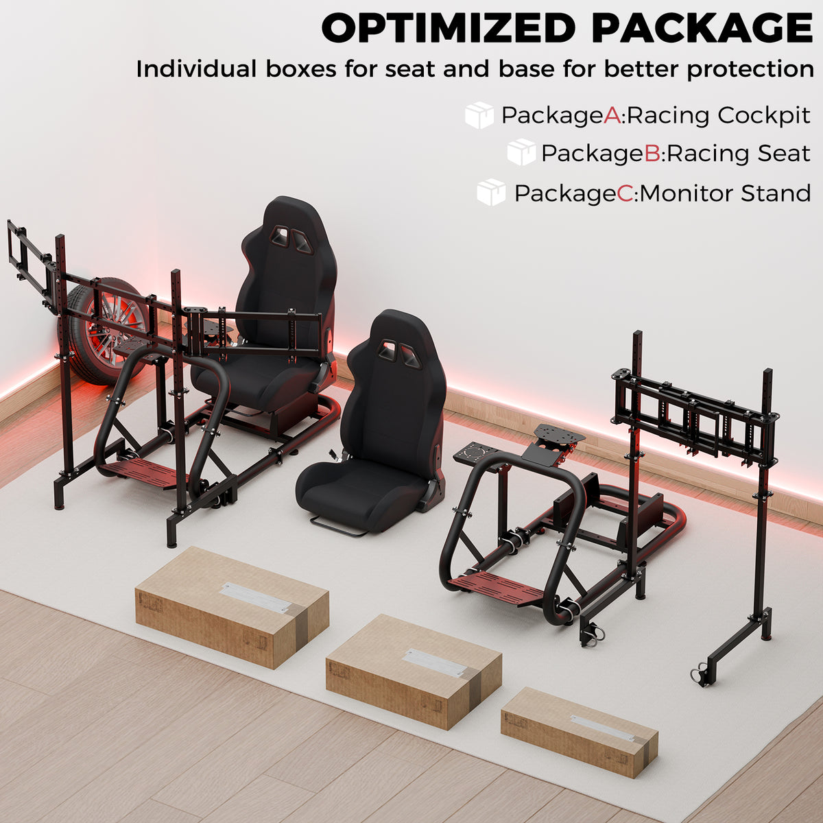Minneer  Racing Simulator Cockpit with triple monitor stand and black seat Compatible with Logitech/Thrustmaster/Fanatec G29 G920 G923 T300RS CSL-DD, excludes steering wheel, pedals, monitor and gear shifter