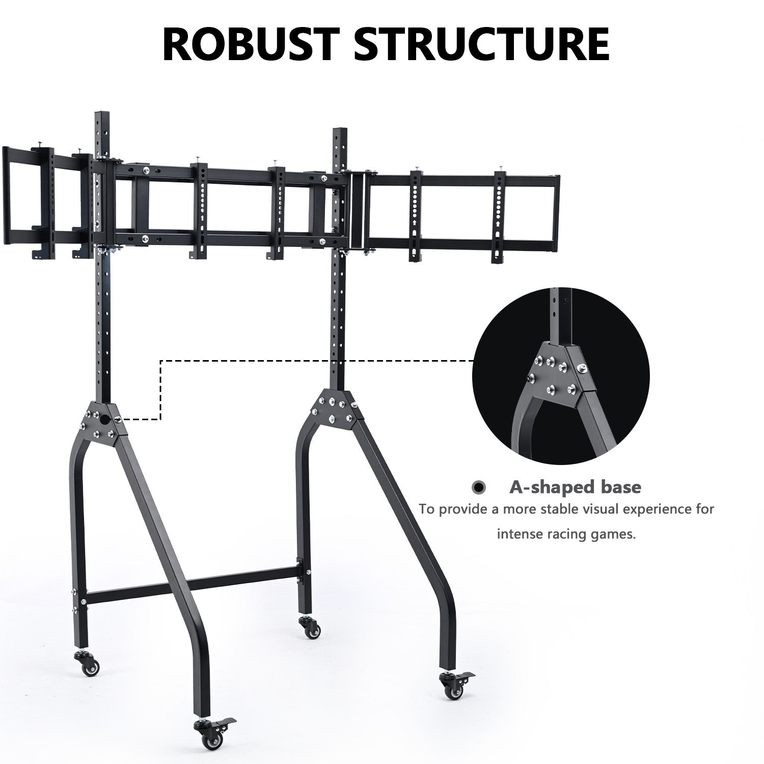 Minneer  Triple Monitor Stand with Brake Casters , Ergonomic Height/Tilt/Spacing Adjustment for 27 to 32 inch Monitors , Gaming Workstation Setup