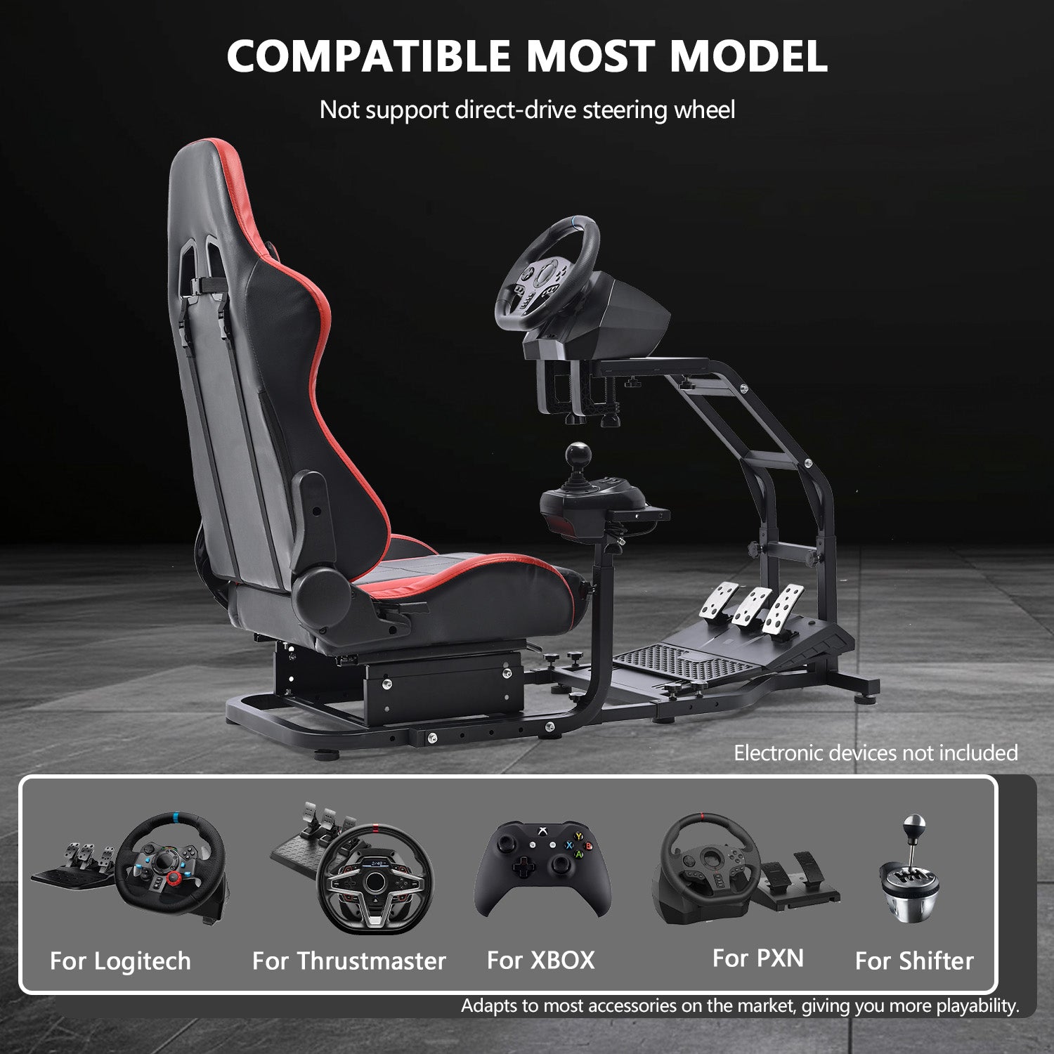 Minneer Driving Sim Cockpit with Red Seat  Unobstructed Design for Both Legs Fit for Logitech/Thrustmaster G29,G920,G923,G25&T300RS,T80,T150 Adjustable No Steering Wheel, Handbrake, Pedals
