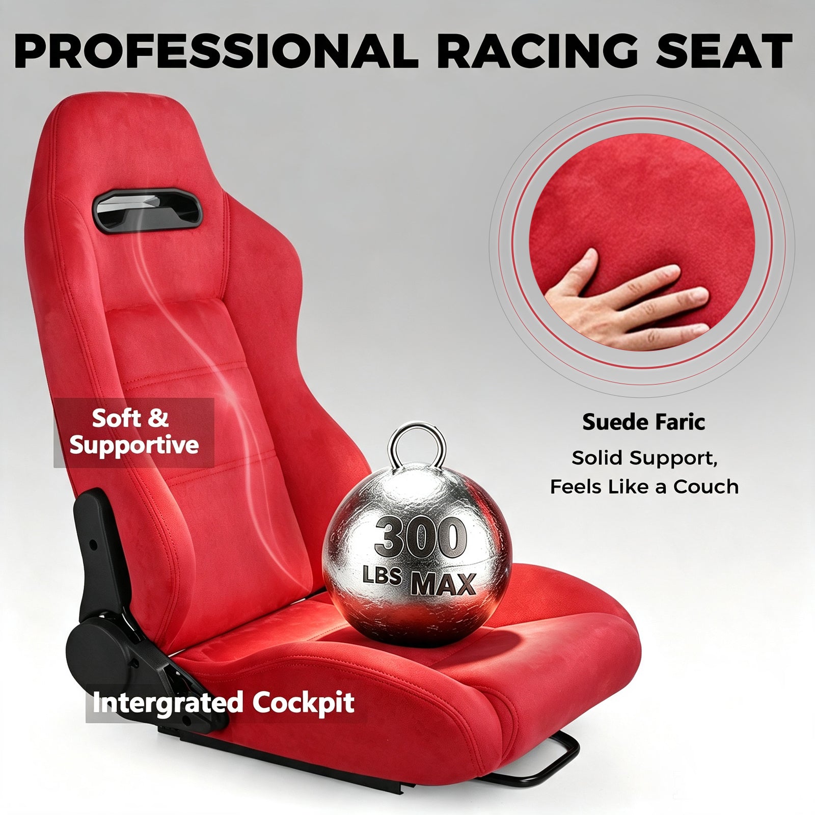 Minneer Driving Sim Cockpit with  Red Suede Seat  Unobstructed Design for Both Legs Fit for Logitech/Thrustmaster G29,G920,G923,G25&T300RS,T80,T150 Adjustable No Steering Wheel, Handbrake, Pedals