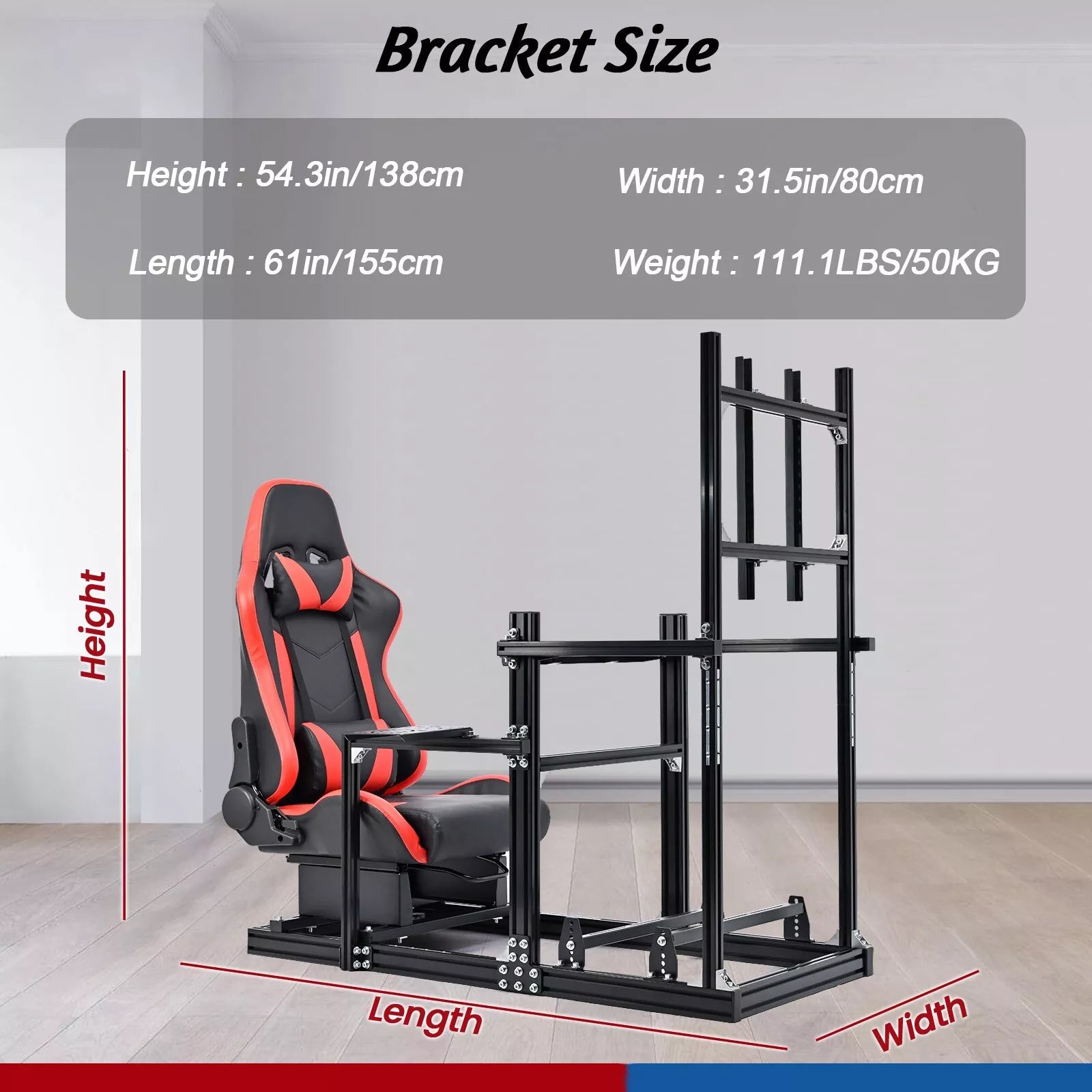 Minneer Racing Simulator Cockpit with Red Seat & TV Stand Fit Logitech