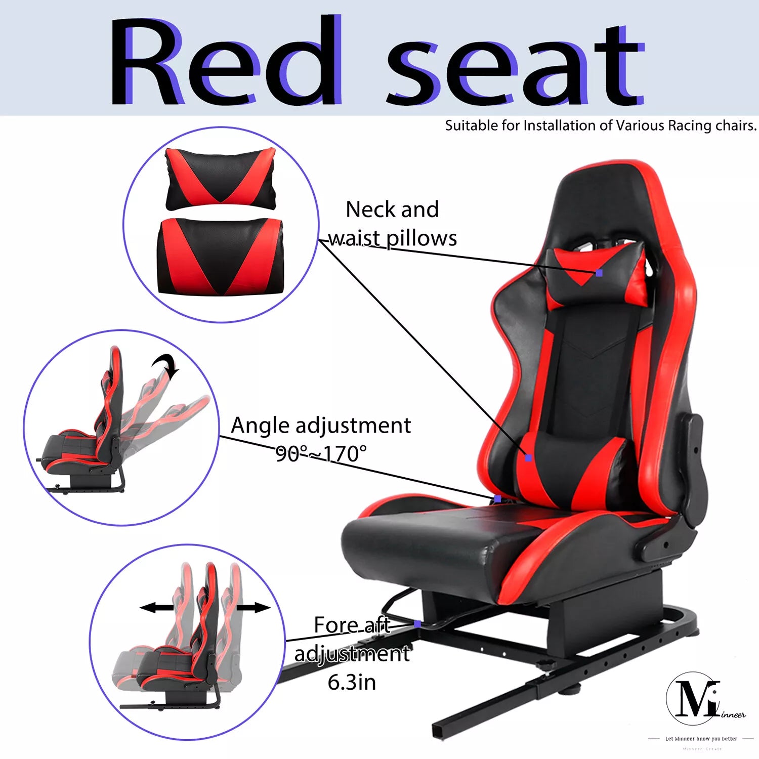 Minneer Racing Simulator Cockpit Seat Mount with red seat for Steering Wheel Stand Square Tube