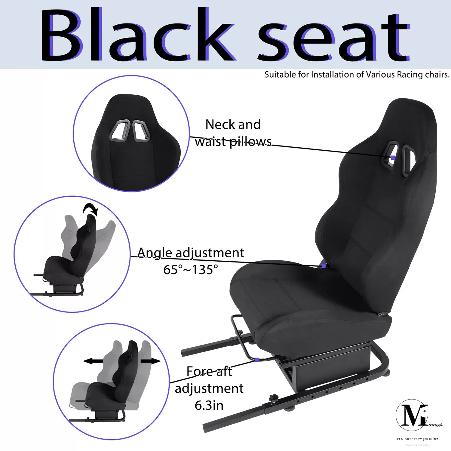 Minneer Racing Simulator Cockpit Seat Mount with black seat for Steering Wheel Stand Square Tube