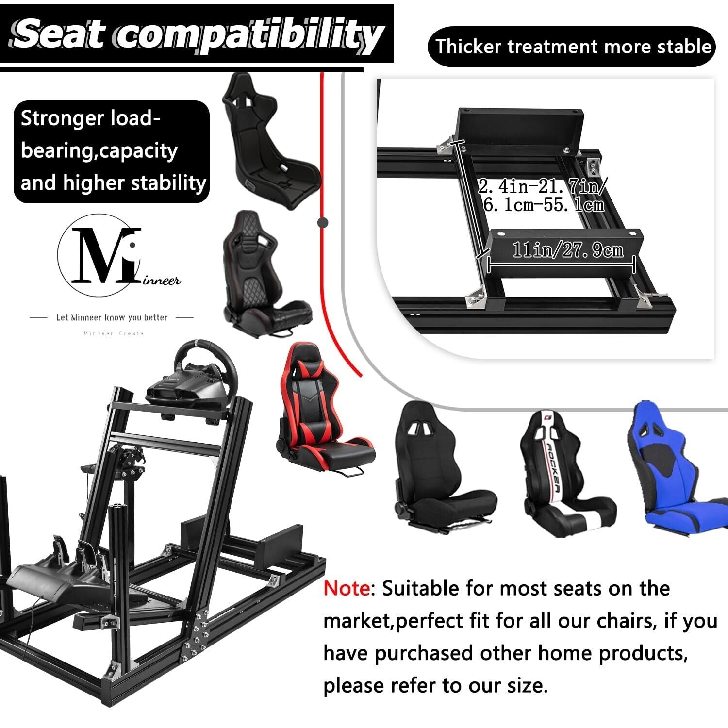 Minneer Aluminum Sim Racing Cockpit Fit Logitech Fanatec CSL-DD Thrustmaster