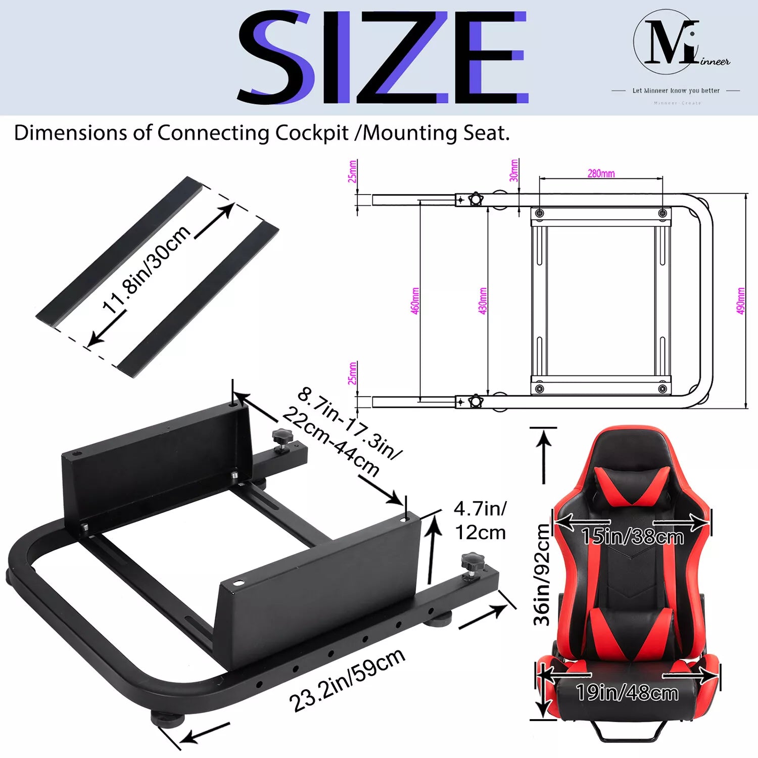 Minneer Racing Simulator Cockpit Seat Mount with red seat for Steering Wheel Stand Square Tube