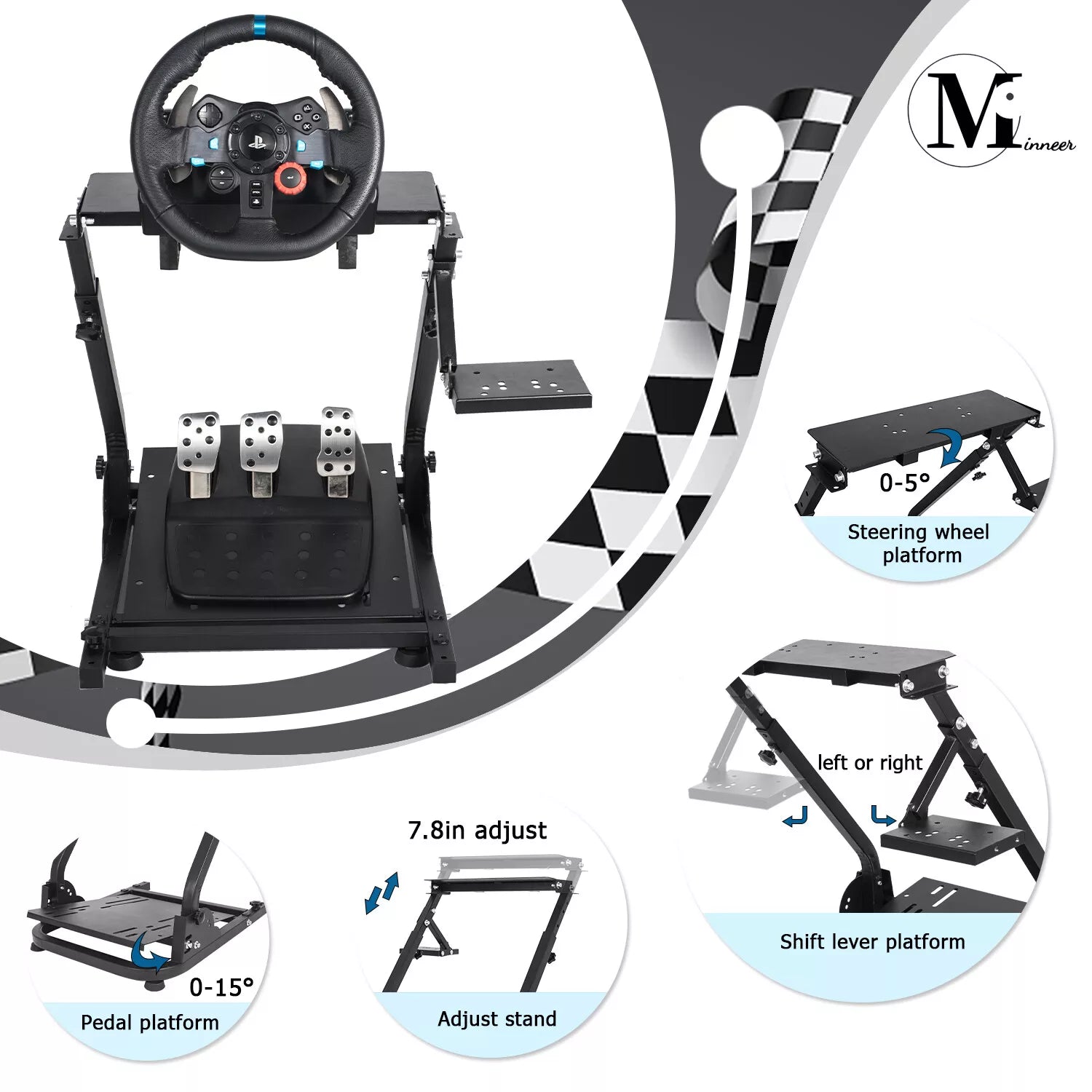 Minneer Foldable Racing Steering Wheel Stand Fit Logitech G29 G920 G923 Xbox PC