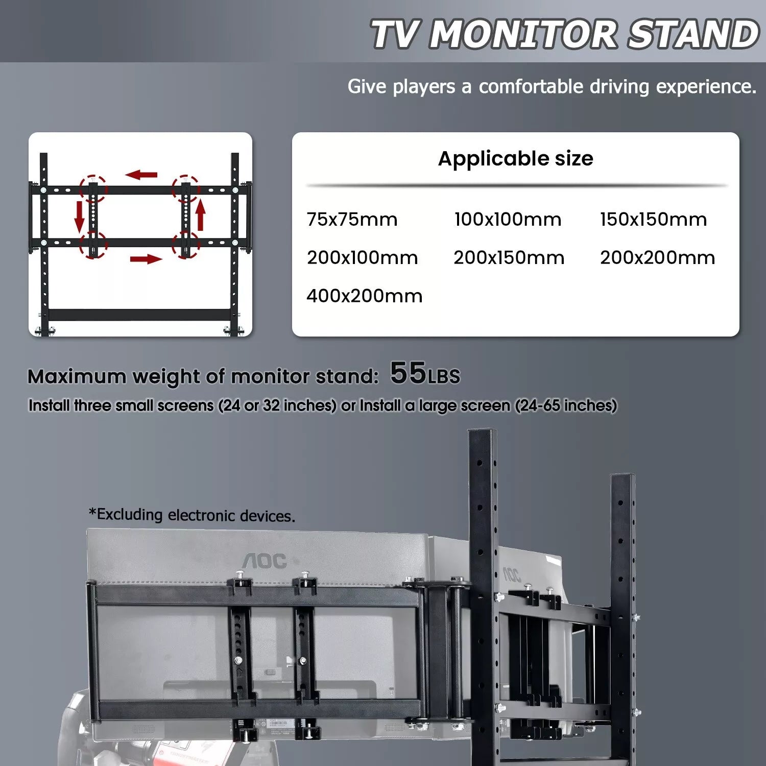 Minneer Triple Screen Monitor Stand For Round Tube Racing Simulator Cockpit