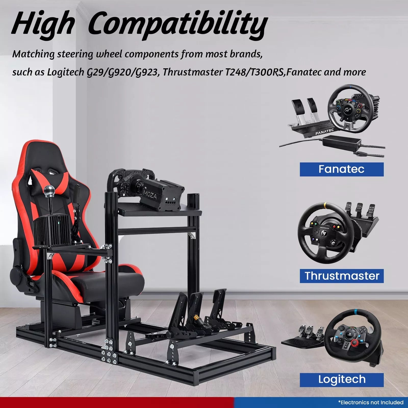 Minneer Aluminum Profile Racing Simulator Cockpit with Red Seat Fit Logitech G923G29