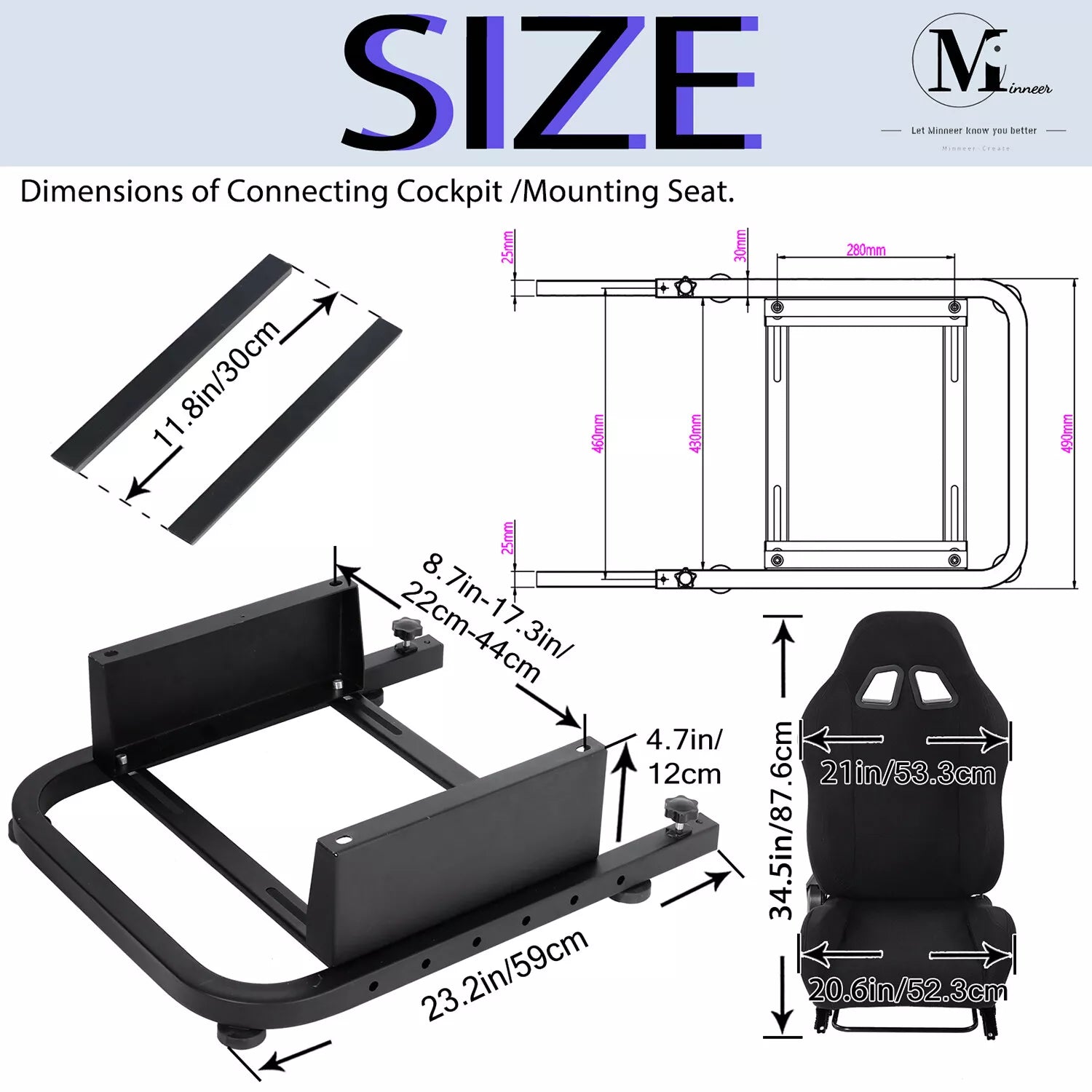 Minneer Racing Simulator Cockpit Seat Mount with black seat for Steering Wheel Stand Square Tube