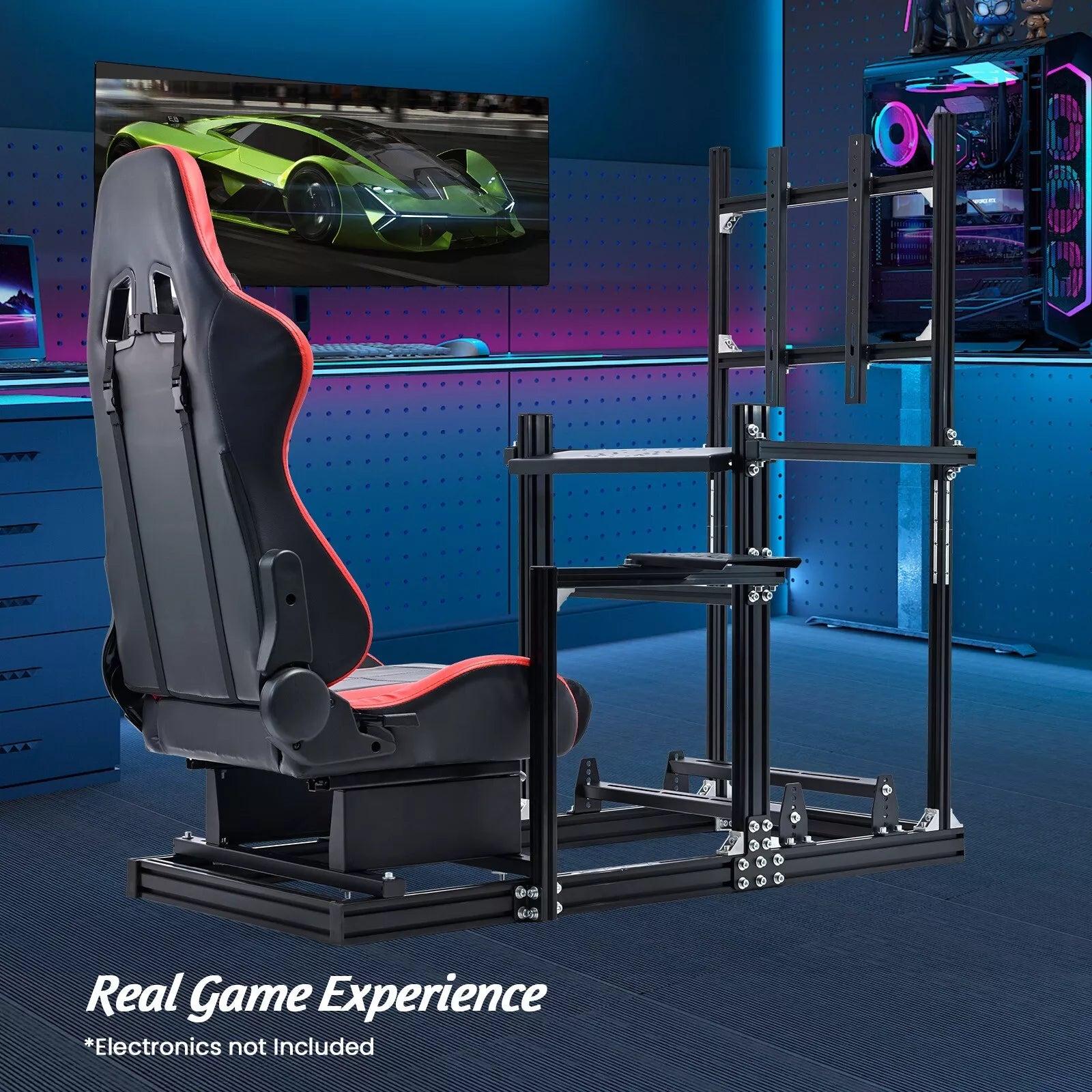 Minneer Racing Simulator Cockpit with Red Seat & TV Stand Fit Logitech