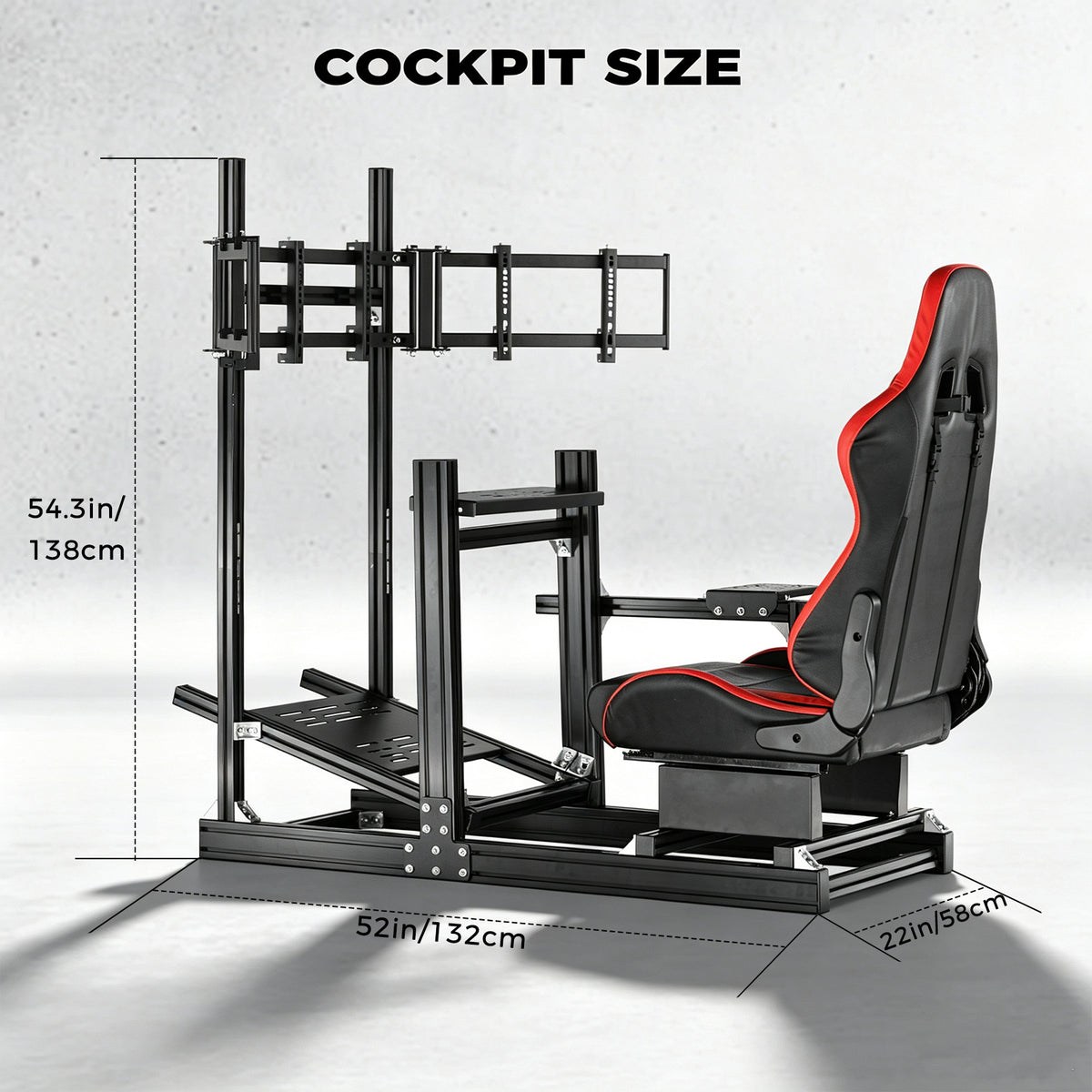 Minneer 4080 Aluminium Profile Racing Sim Cockpit with Red Seat and Triple Monitor Stand, Fully Adjustability, Fit for Logitech,Thrustmaster, Fanatec G29 G923 T248,  Not Include Steering Wheel,Pedals,Handbrake