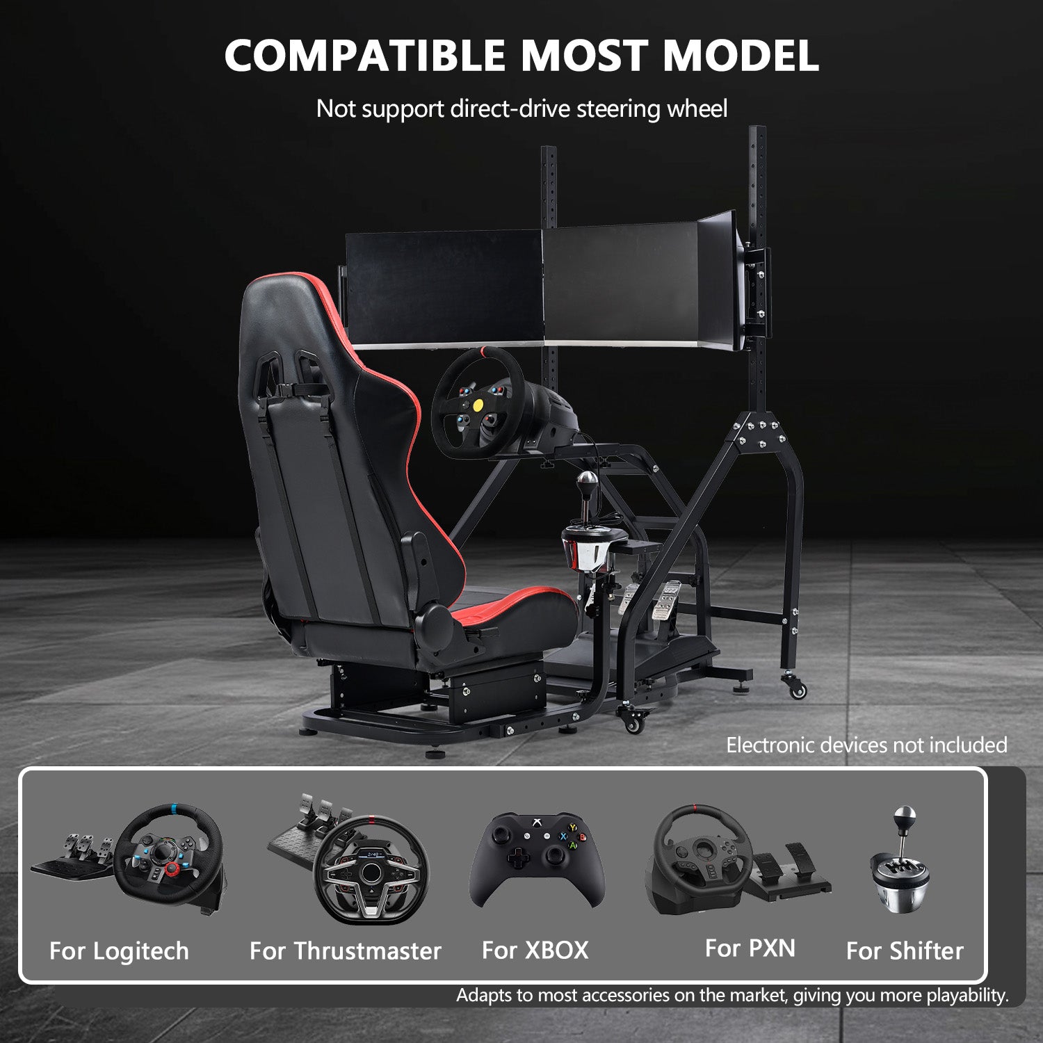 Minneer Steering Wheel Stand Racing Cockpit with Red Seat Triple Monitor stand ,Unobstructed Design for Both Legs,Fit for Logitech/Thrustmaster G29,G920,G923,G25&T300RS,T80,T150 Adjustable, No Steering Wheel, Handbra