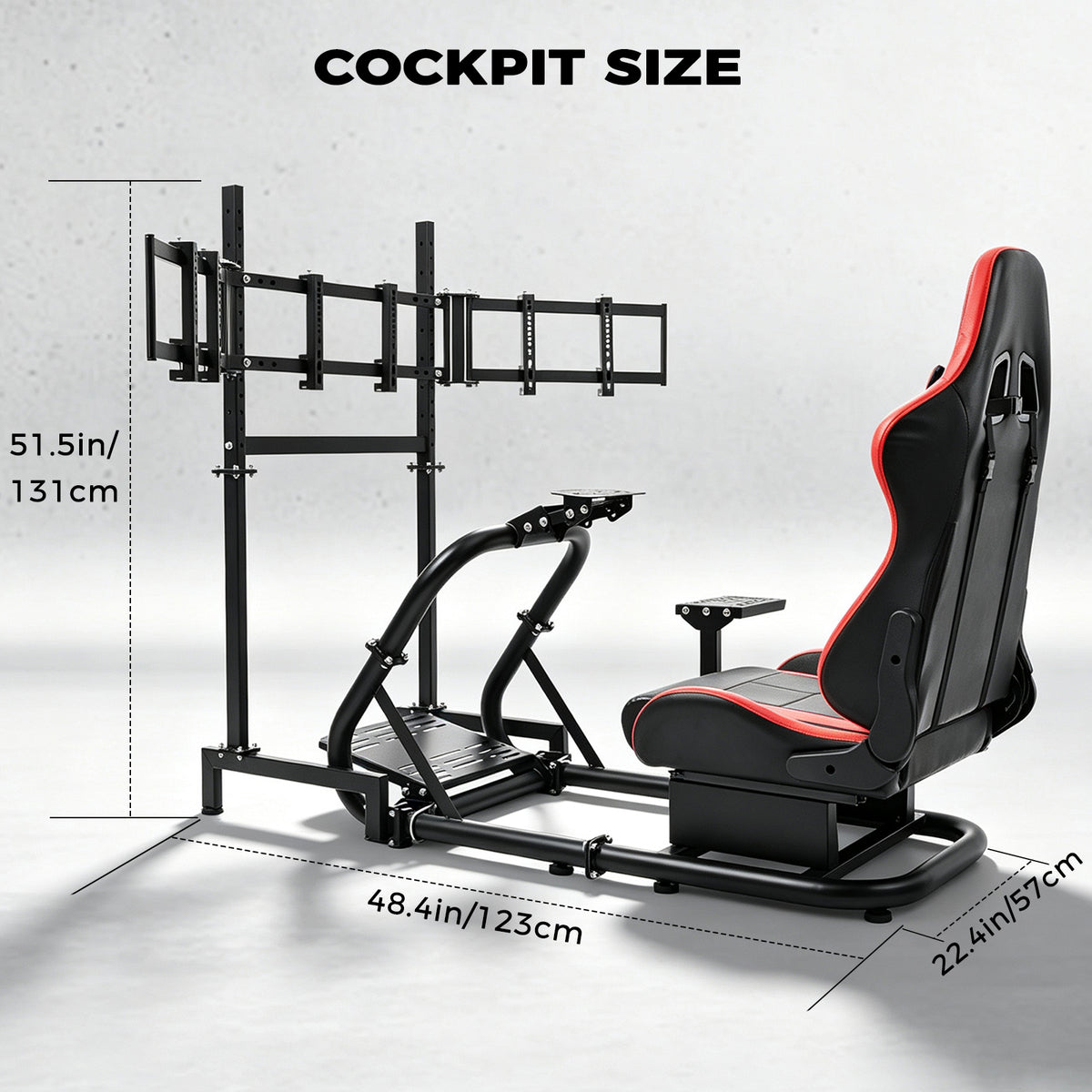 Minneer Racing Simulator Cockpit with Triple Monitor Stand and Red Seat Fit for Logitech/Thrustmaster/Fanatec T500RS TX G29 G920 G923 CSL-DD,  Excludes steering wheel, pedals, monitor and gear shifter