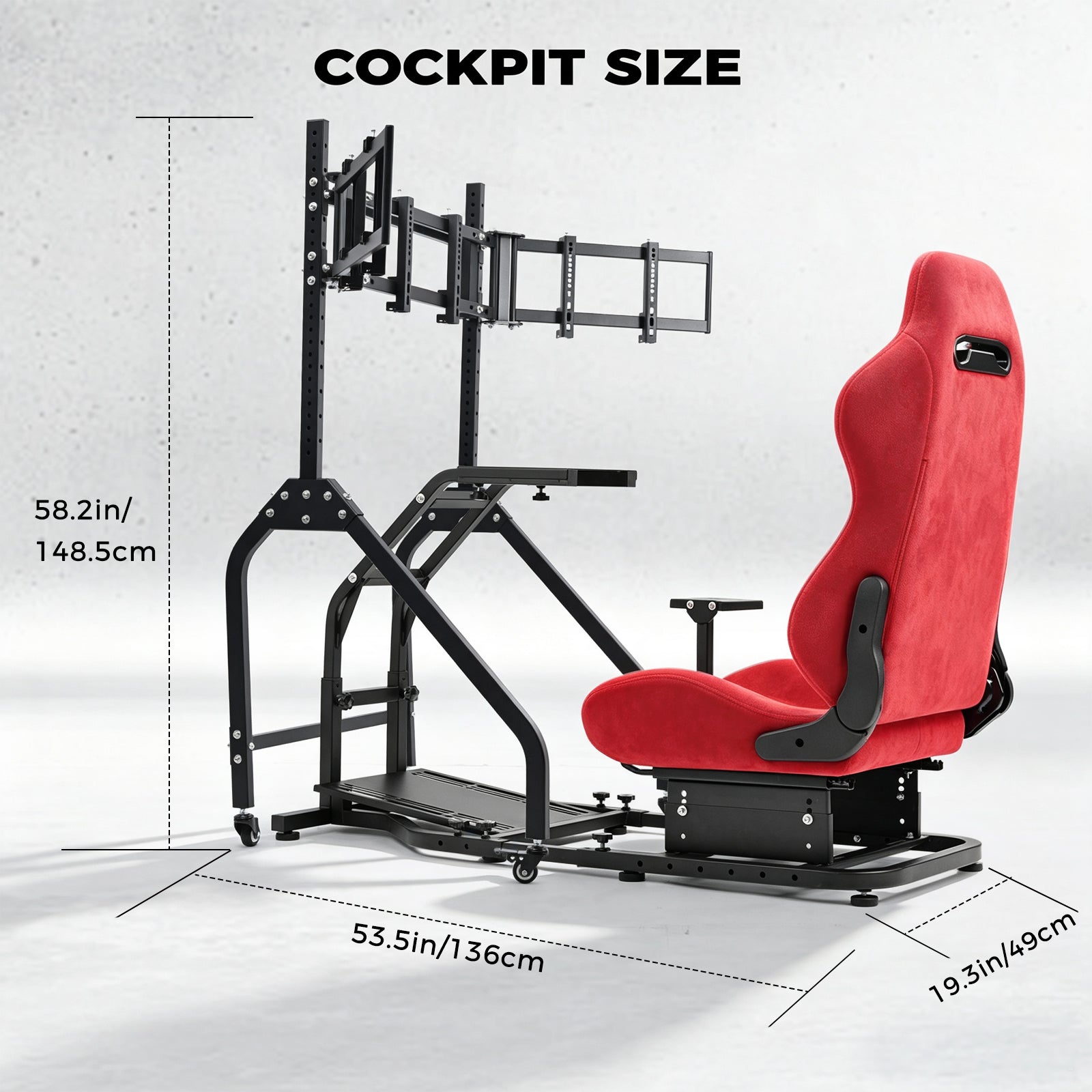 Minneer Steering Wheel Stand Racing Cockpit with Red Suede Seat Triple Monitor stand ,Unobstructed Design for Both Legs,Fit for Logitech/Thrustmaster G29,G920,G923,G25&T300RS,T80,T150 Adjustable, No Steering Wheel, Handbra