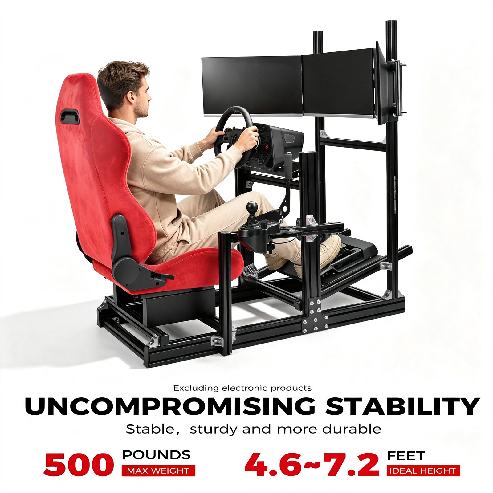 Minneer 4080 Aluminium Profile Racing Sim Cockpit with Red Suede Seat and Triple Monitor Stand, Fully Adjustability, Fit for Logitech,Thrustmaster, Fanatec G29 G923 T248,  Not Include Steering Wheel,Pedals,Handbrake