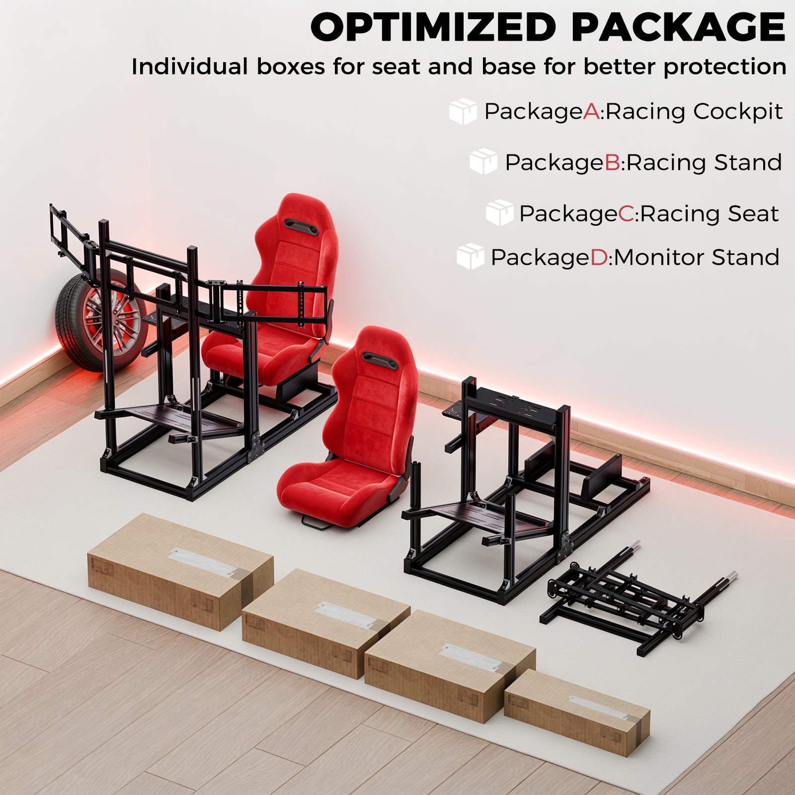 Minneer 4080 Aluminium Profile Racing Sim Cockpit with Red Suede Seat and Triple Monitor Stand, Fully Adjustability, Fit for Logitech,Thrustmaster, Fanatec G29 G923 T248,  Not Include Steering Wheel,Pedals,Handbrake