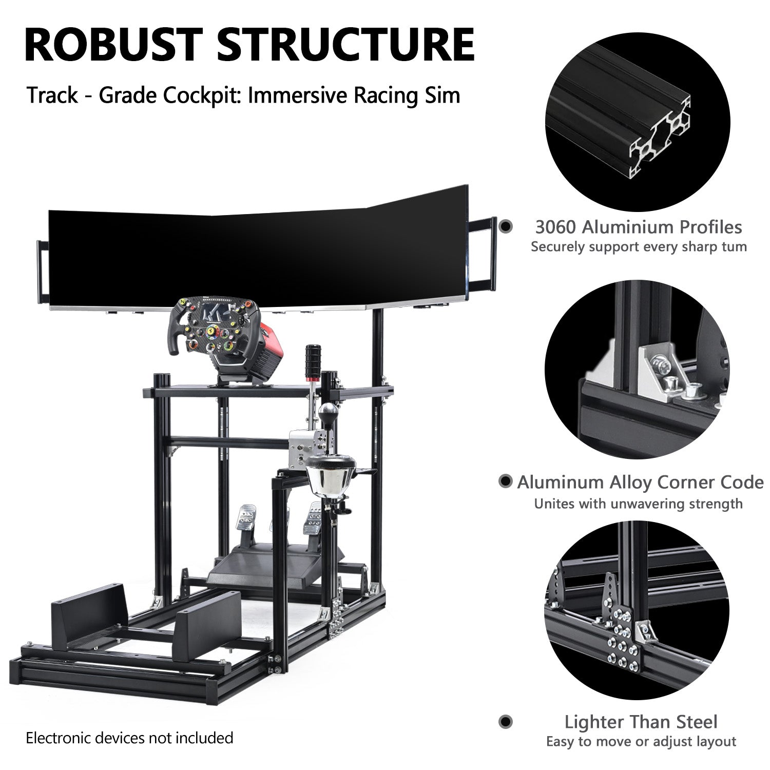Dardoo 3060 Aluminum Racing Simulator Cockpit with Triple Monitor Stand , Fully Adjustable, Fit for Logitech G29 G923, Analog Frame 3060, Steering Wheel, Pedals, and Hand Brake Not Included