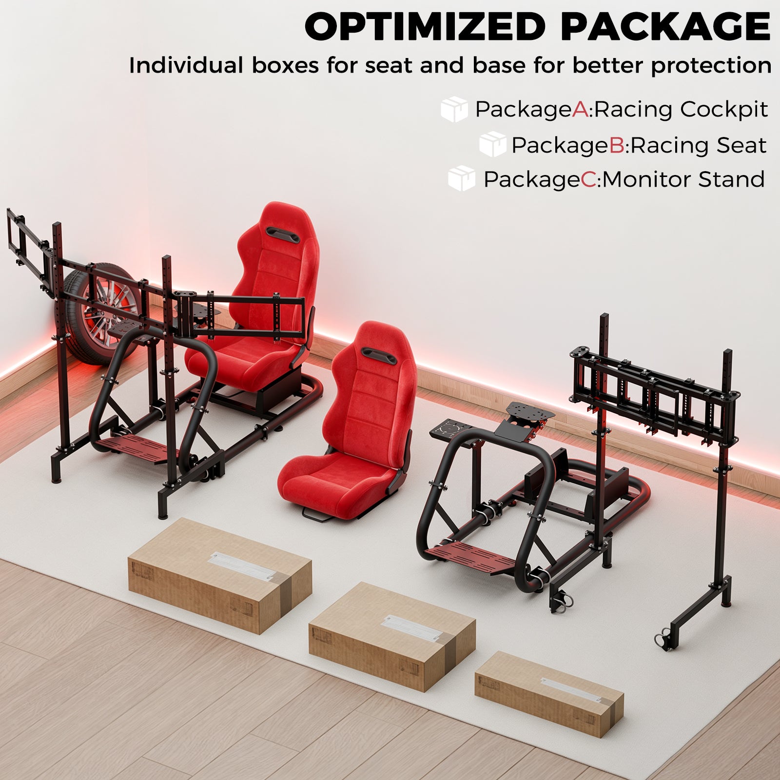 Minneer  Racing Simulator Cockpit with triple monitor stand and Suede seat Compatible with Logitech/Thrustmaster/Fanatec G29 G920 G923 T300RS CSL-DD, excludes steering wheel, pedals, monitor and gear shifter