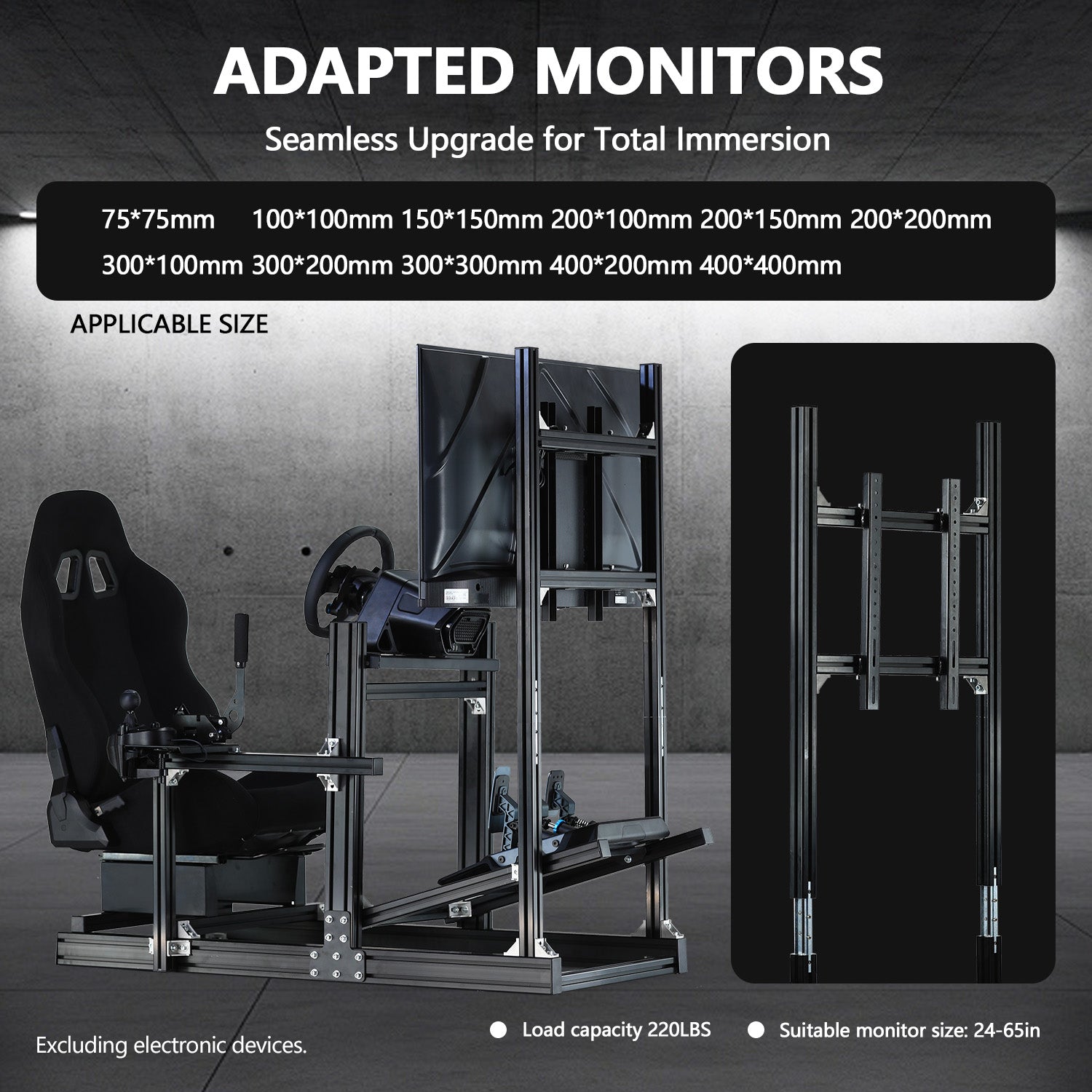 Minneer 4080 Aluminum  Profile Racing Sim Cockpit with Black Seat and Monitor stand, Ultra Strength & Rigidity, Fit for Logitech,Thrustmaster, Fanatec G29 G923 T248,  Not Include Steering Wheel,Pedals,Handbrake