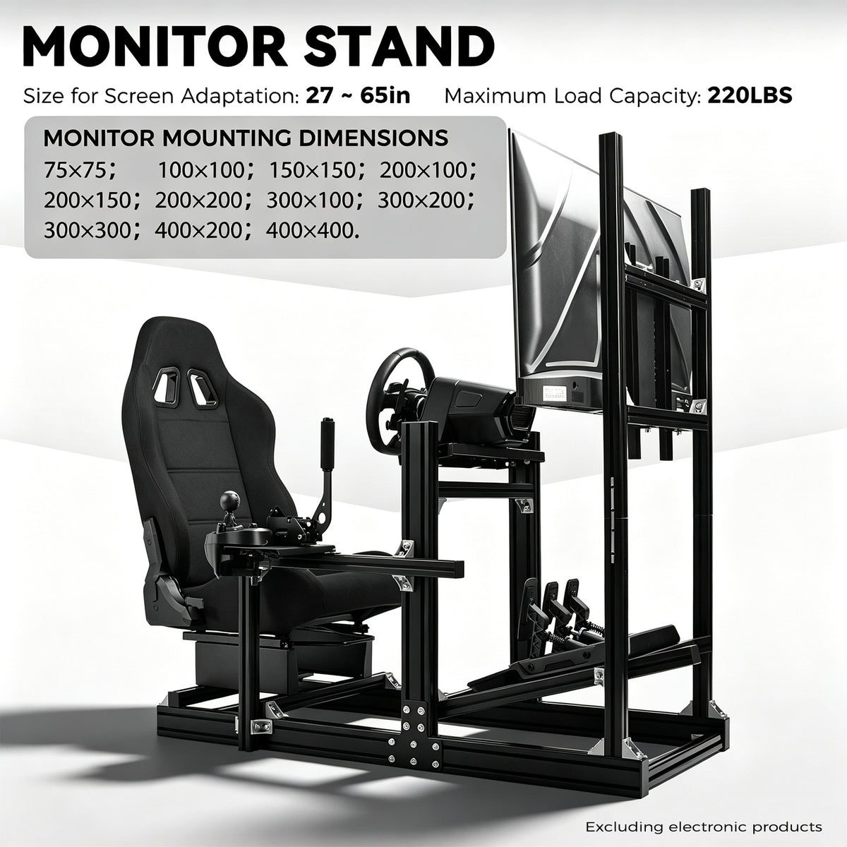 Minneer 4080 Aluminum  Profile Racing Sim Cockpit with Black Seat and Monitor stand, Ultra Strength & Rigidity, Fit for Logitech,Thrustmaster, Fanatec G29 G923 T248,  Not Include Steering Wheel,Pedals,Handbrake