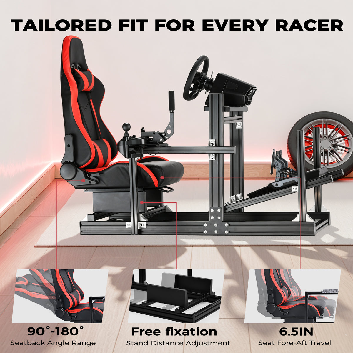 Minneer 4080 Aluminium Profile Racing Sim Cockpit with Red Seat, Fully Adjustability, Fit for Logitech,Thrustmaster, Fanatec G29 G923 T248,  Not Include Steering Wheel,Pedals,Handbrake