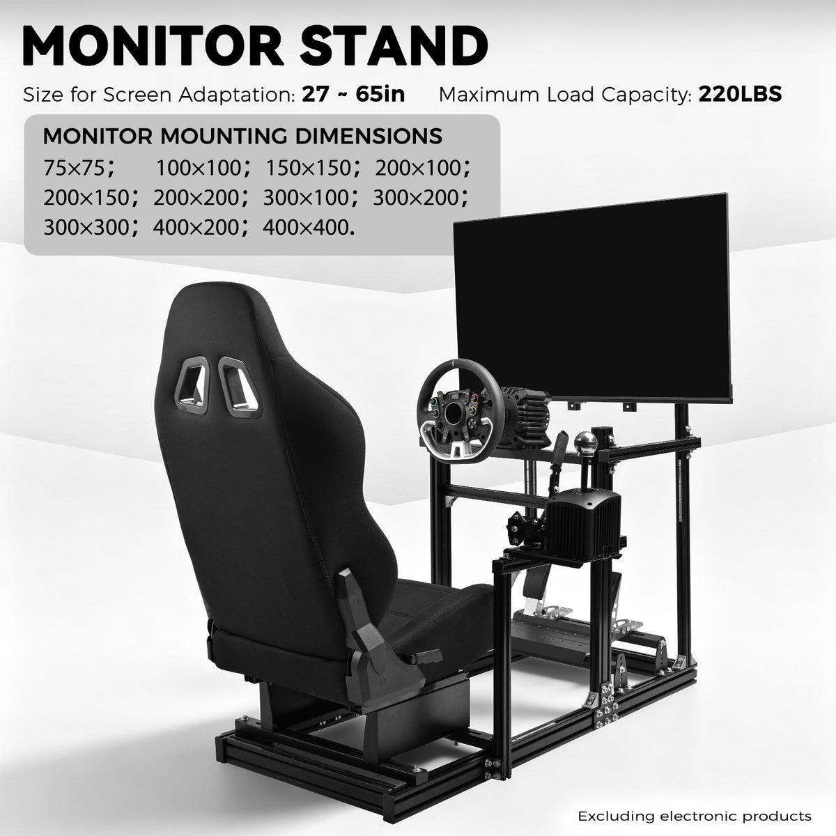 Minneer 3060 Racing Simulator Cockpit with Black Seat and TV Stand, Ultra Strength and Rigidity, Fits Logitech G29 G923, Analog Frame 3060, Steering Wheel, Pedals, and Hand Brake Not Included