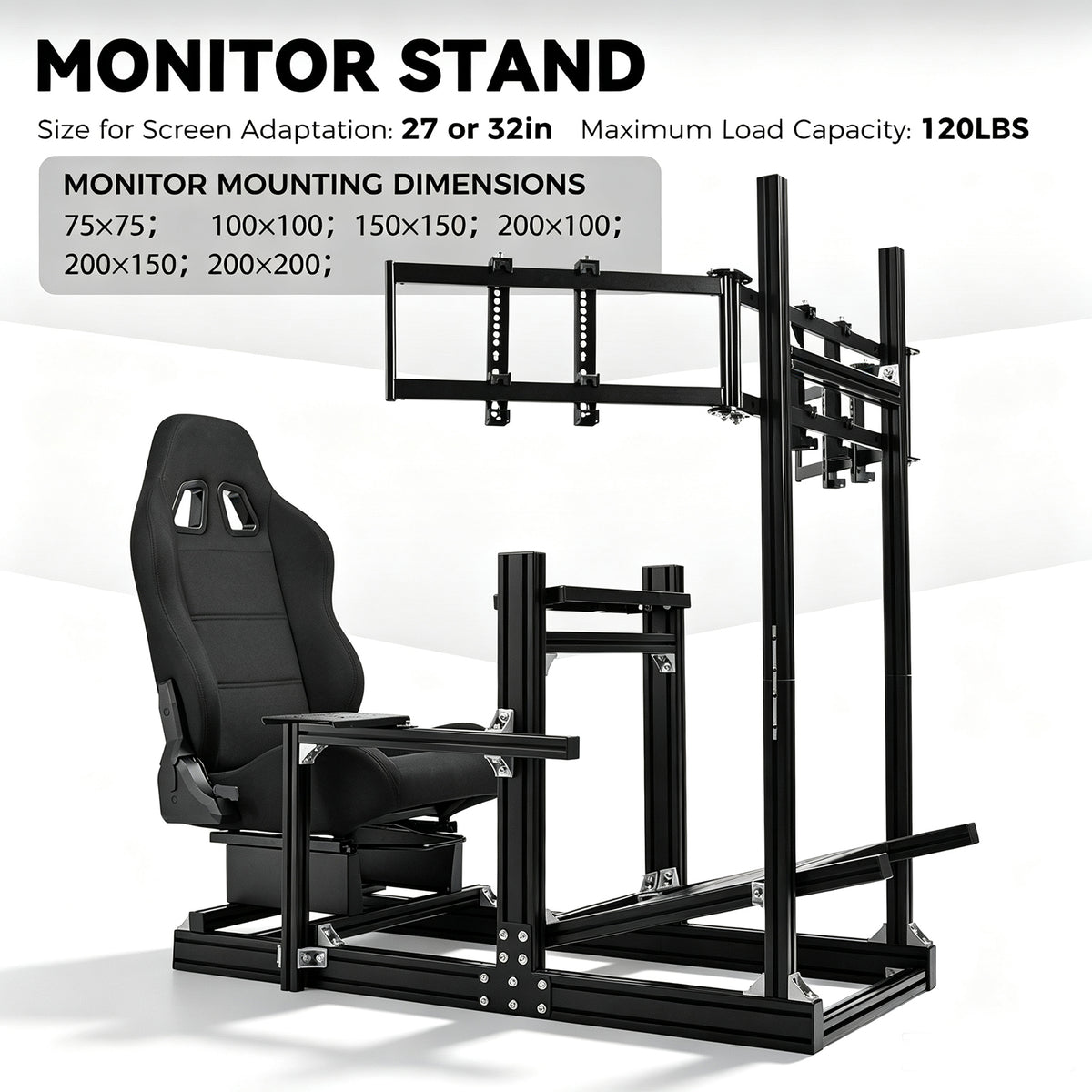 Minnee 4080 Aluminum Racing Simulator Cockpit with Black Seat and Triple Monitor stand, Fully Adjustability, Fit for Logitech, Thrustmaster, Fanatec G29 G920 T300, Not Include Steering Wheel,Pedals,Handbrake,Monitor