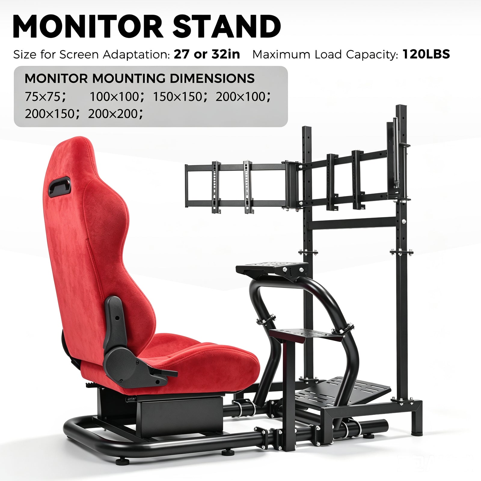 Minneer 50MM Adjustable Racing Cockpit with Red Suede Seat Triple Monitor stand Fit for Logitech G29 G920 G923, for Thrustmaster, for Fanatec Adjustable Racing Wheel Stand, Gaming Race Cockpit Without Steering Wheel Pedal Shifter