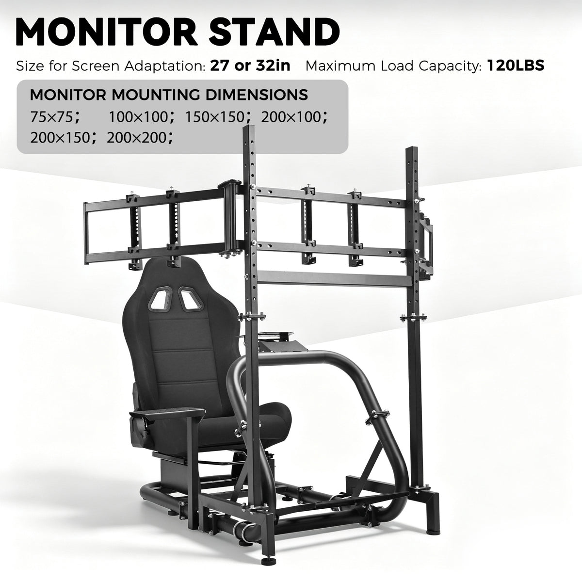 Minneer  Racing Simulator Cockpit with triple monitor stand and black seat Compatible with Logitech/Thrustmaster/Fanatec G29 G920 G923 T300RS CSL-DD, excludes steering wheel, pedals, monitor and gear shifter