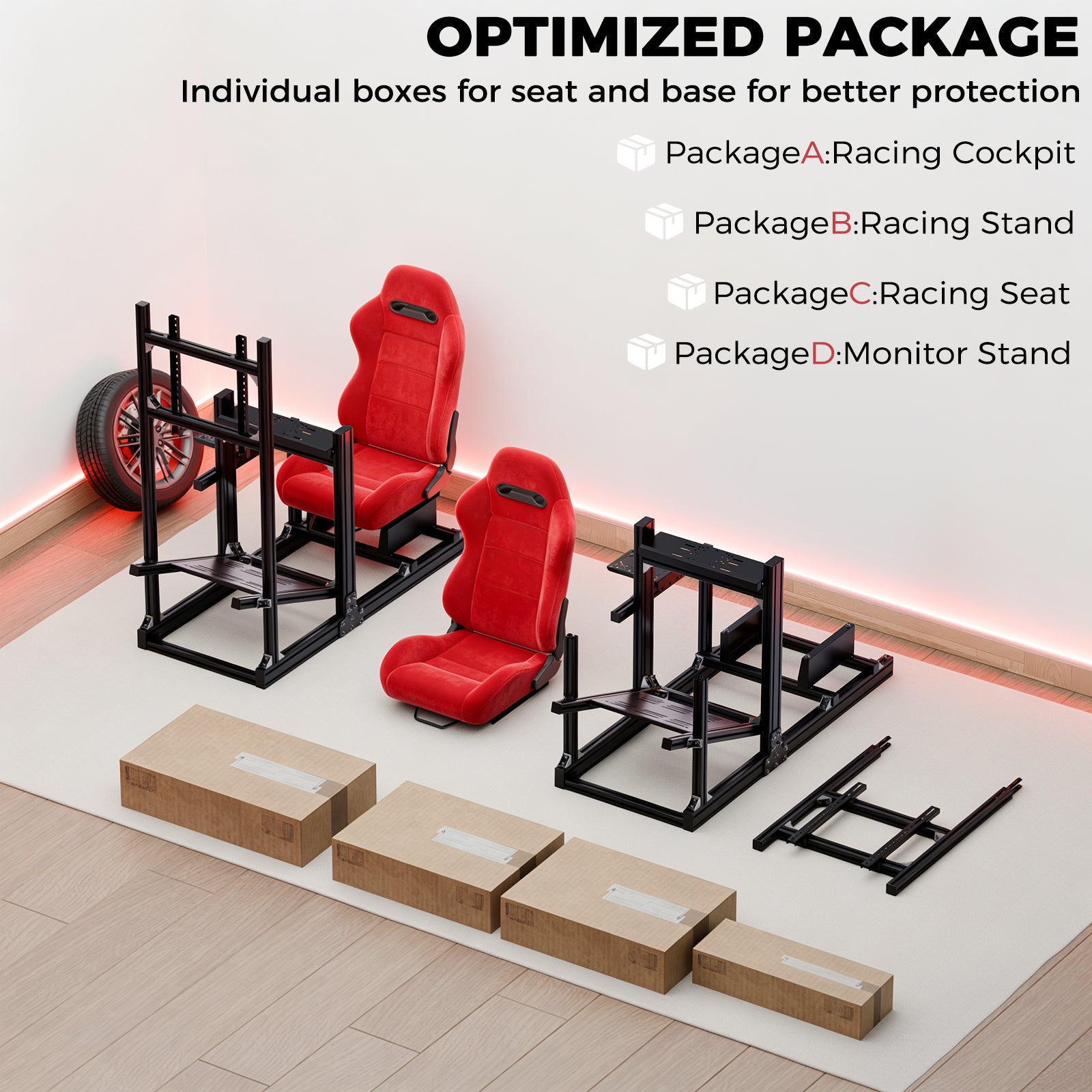 Minneer Racing Simulator Cockpit with Red Suede Seat and Monitor Stand, Fit for Logitech G29 G920 G923, for Thrustmaster, for Fanatec T128, Adjustable Steering Wheel Stand, Not Included Wheel,Pedals and Shifter