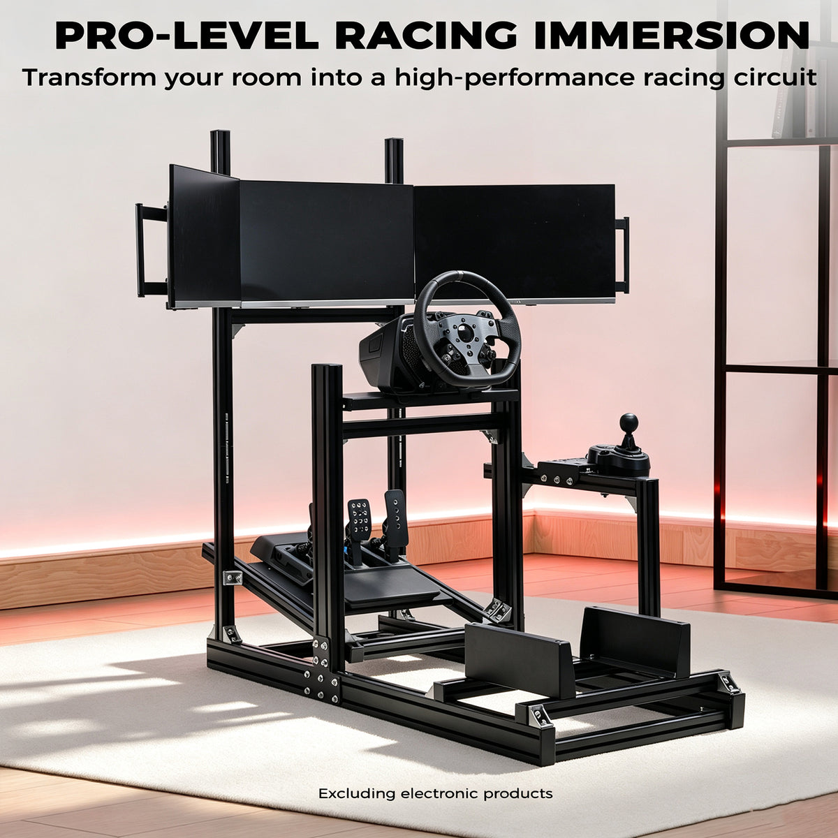 Minneer 4080 Aluminum Profile Racing Simulator Cockpit with  Triple Monitor Mount, Unlimited Adjustment, Fit for Thrustmaster, Fanatec, Moza, Logitech G29 GPro, Not Include Steering Wheel,Pedals,Handbrake
